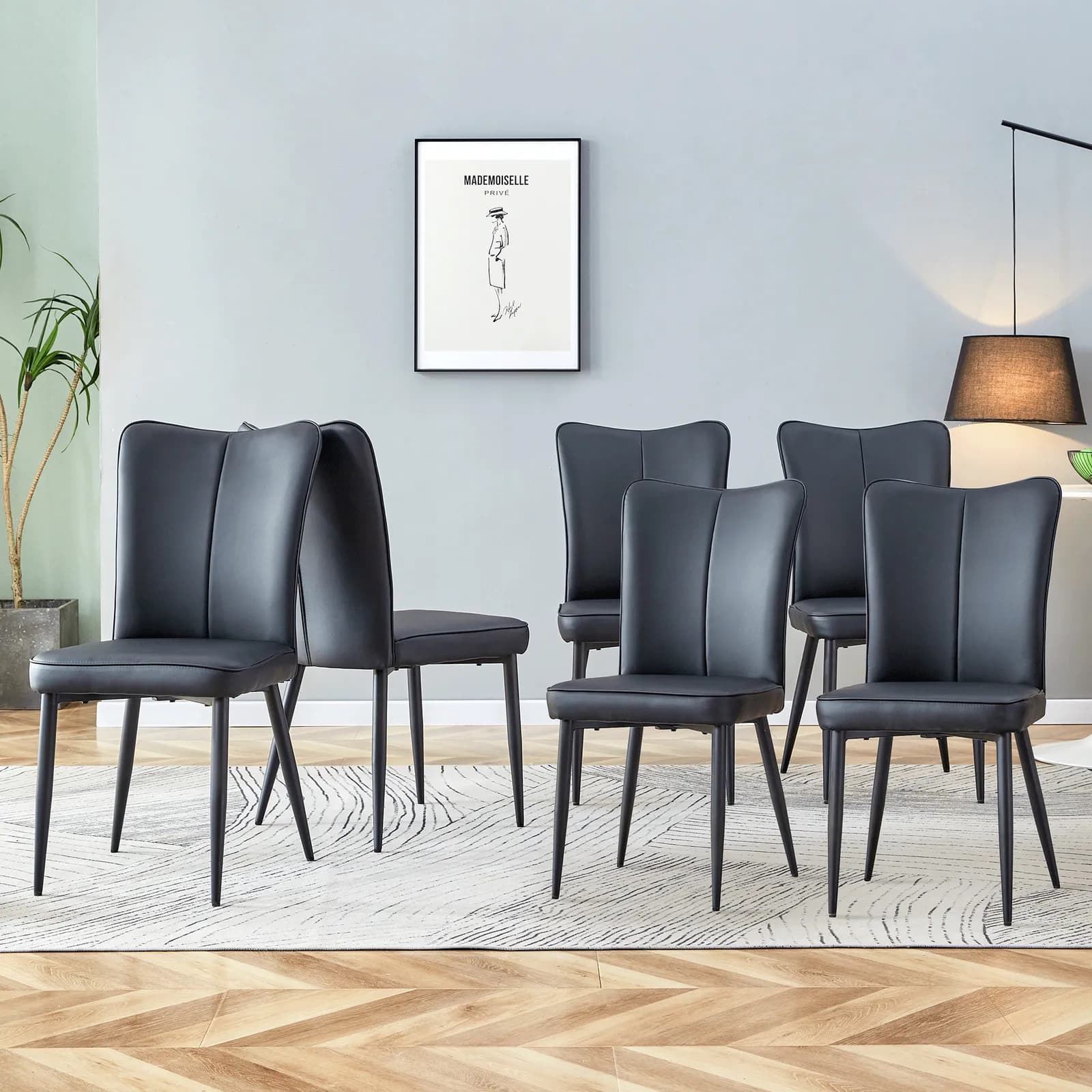 Modern Black PU Chair Set - Six Pieces, The backrest has a vertical and smooth line…