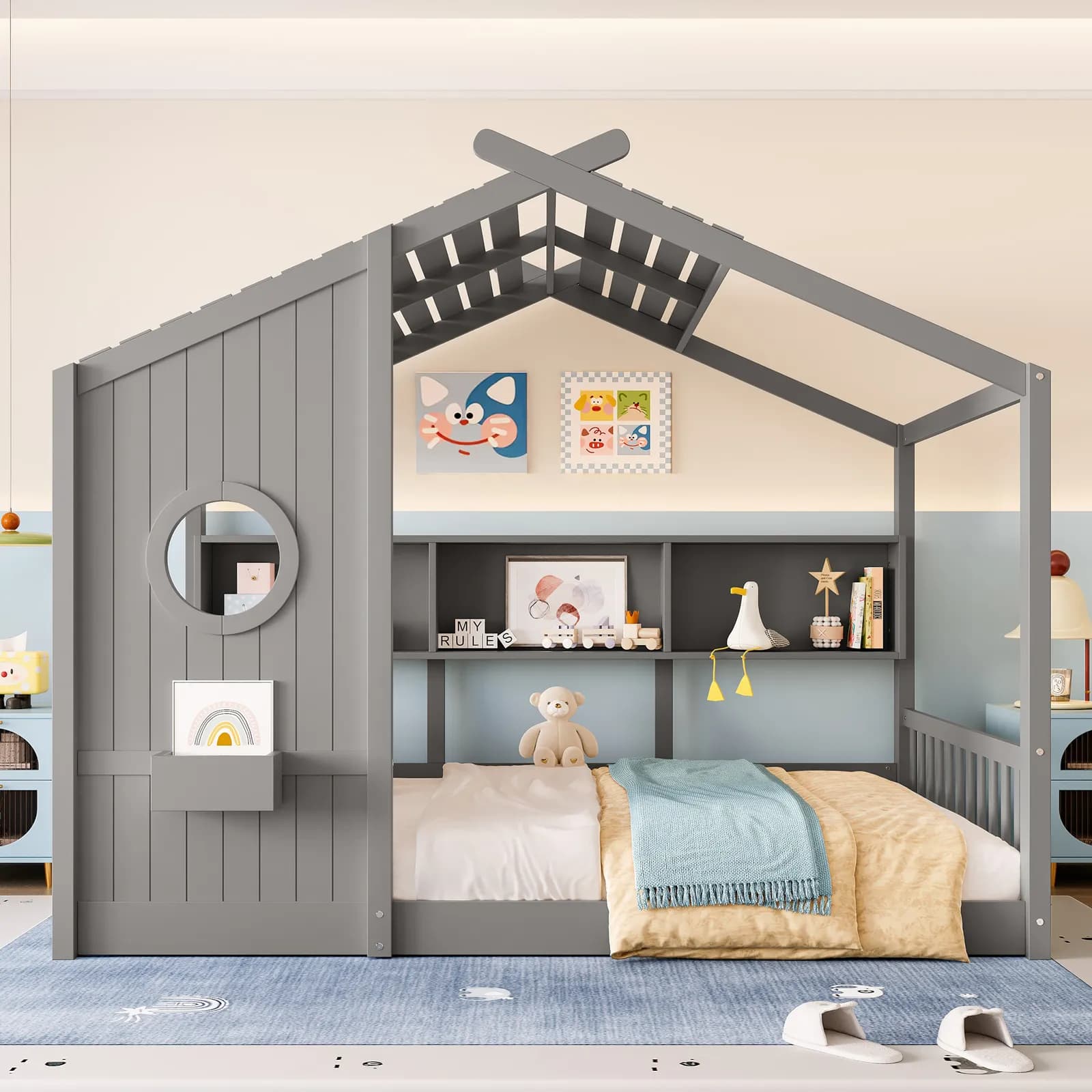 Full Size Floor House Bed for Toddler, Kids Montessori Bed with Storage Shelf, Playhouse…