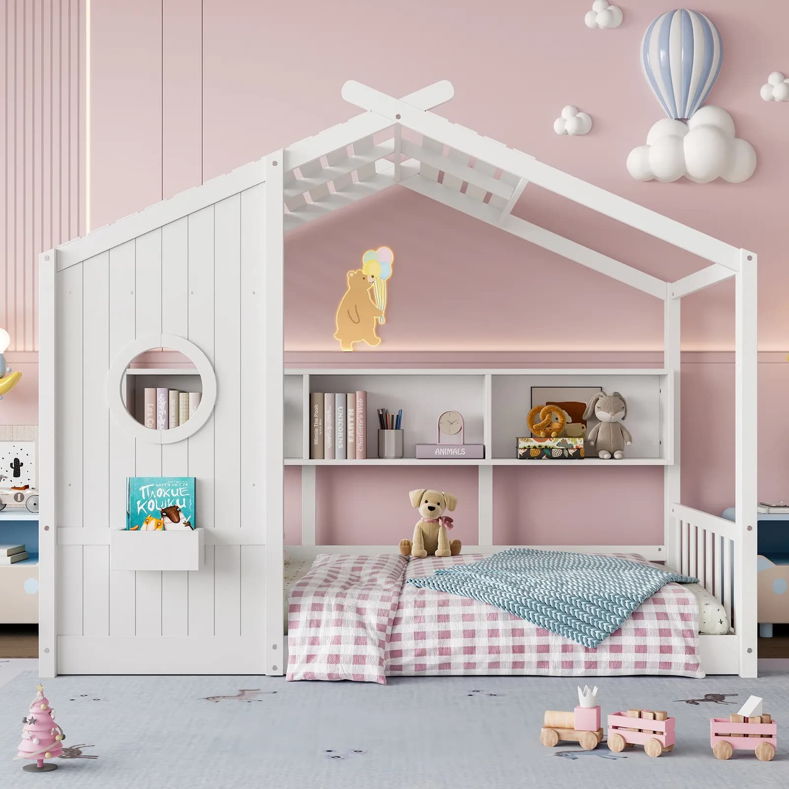 Twin Size Floor House Bed for Toddler, Kids Montessori Bed with Storage Shelf, Playhouse…