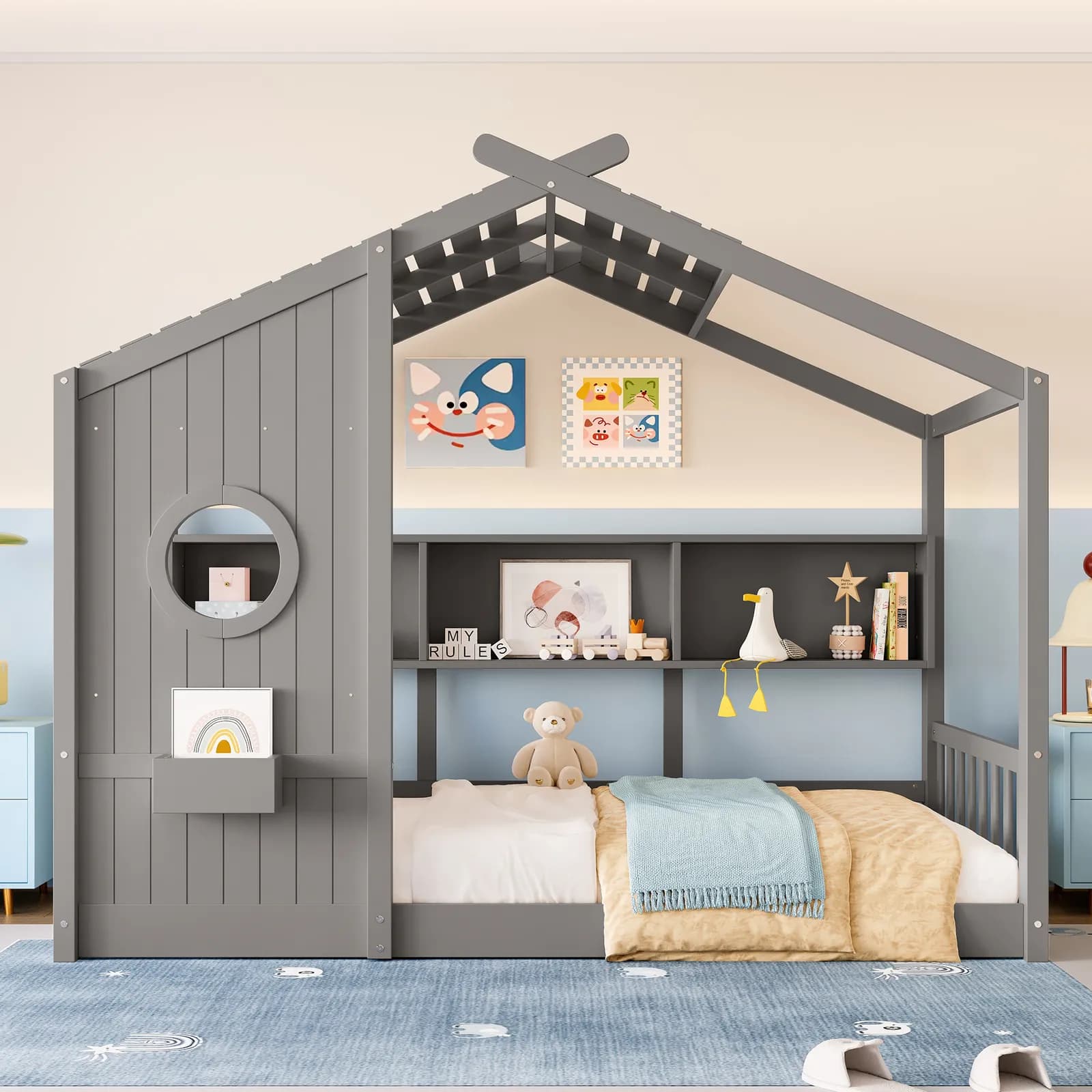 Twin Size Floor House Bed for Toddler, Kids Montessori Bed with Storage Shelf, Playhouse…