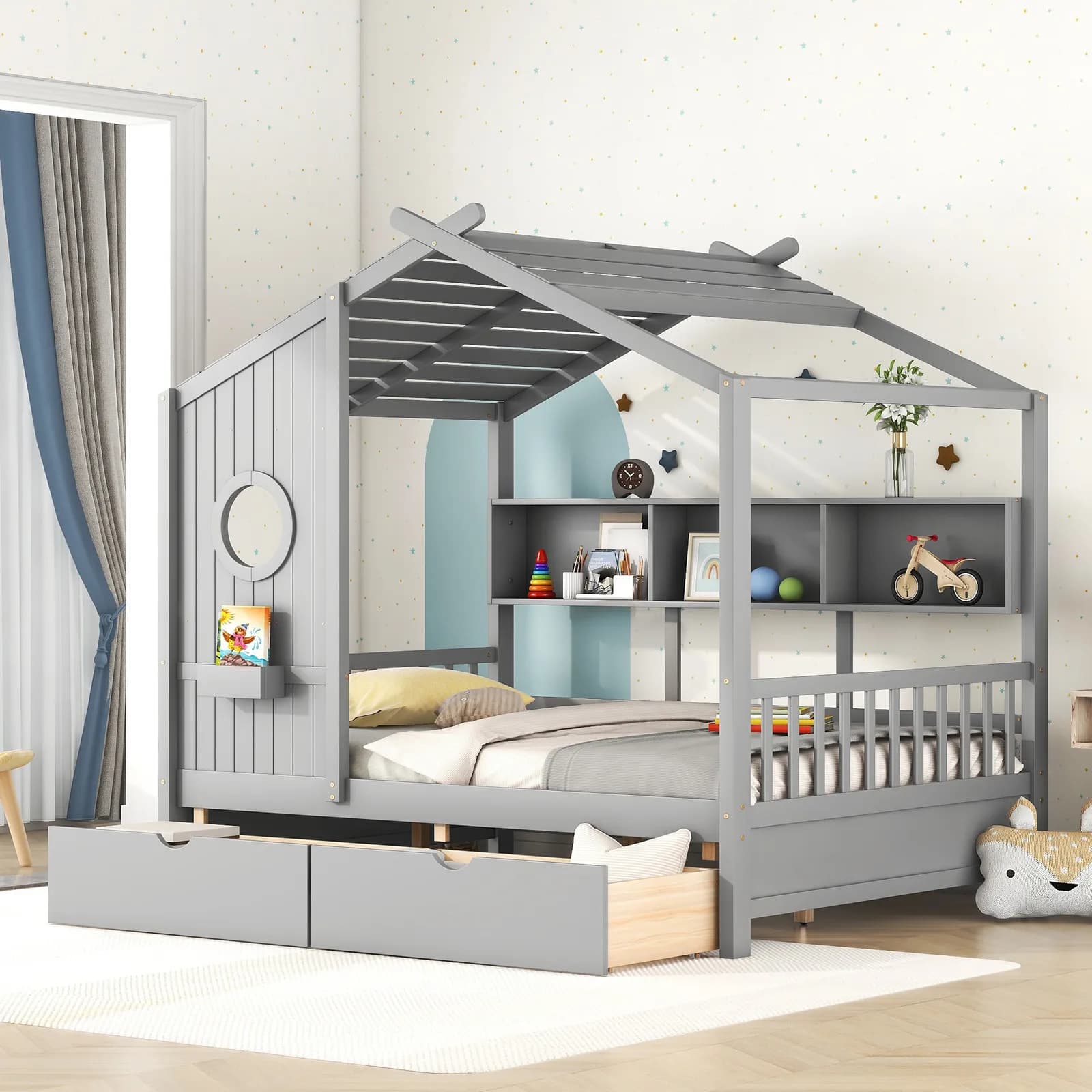Wooden Full Size House Bed with 2 Drawers, Kids Bed with Storage Shelf, Gray