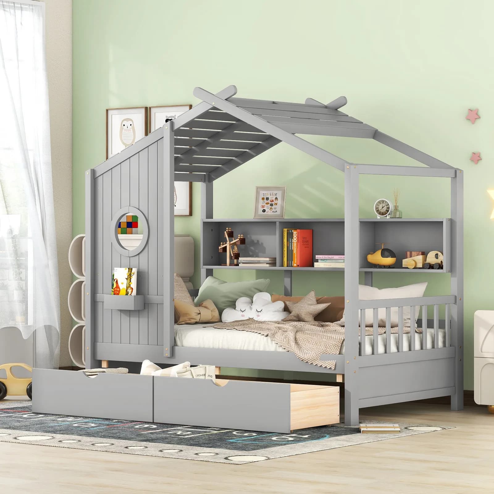 Wooden Twin Size House Bed with 2 Drawers, Kids Bed with Storage Shelf, Gray