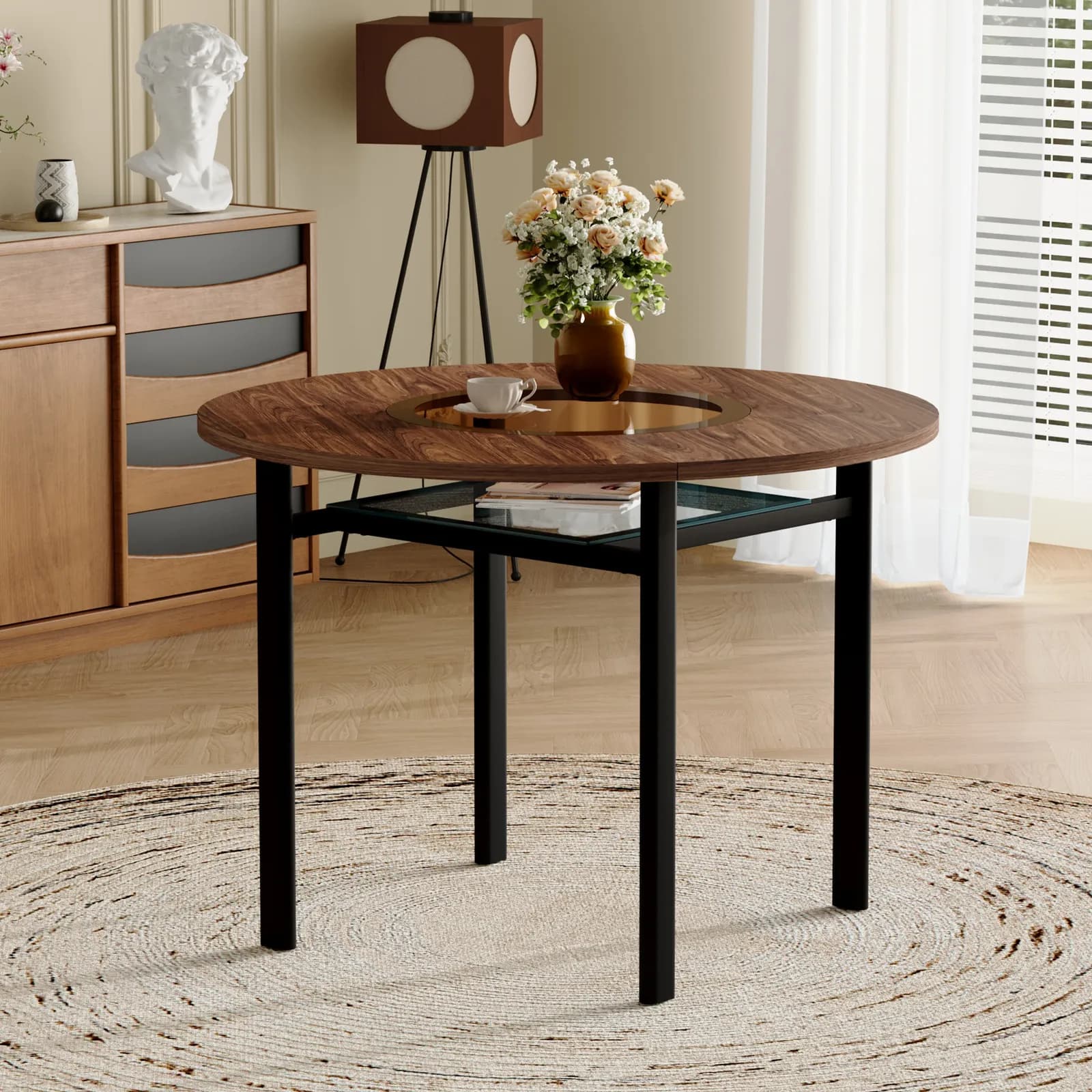 42 inch modern minimalist brown wood grain round dining table suitable for 4-6 people…