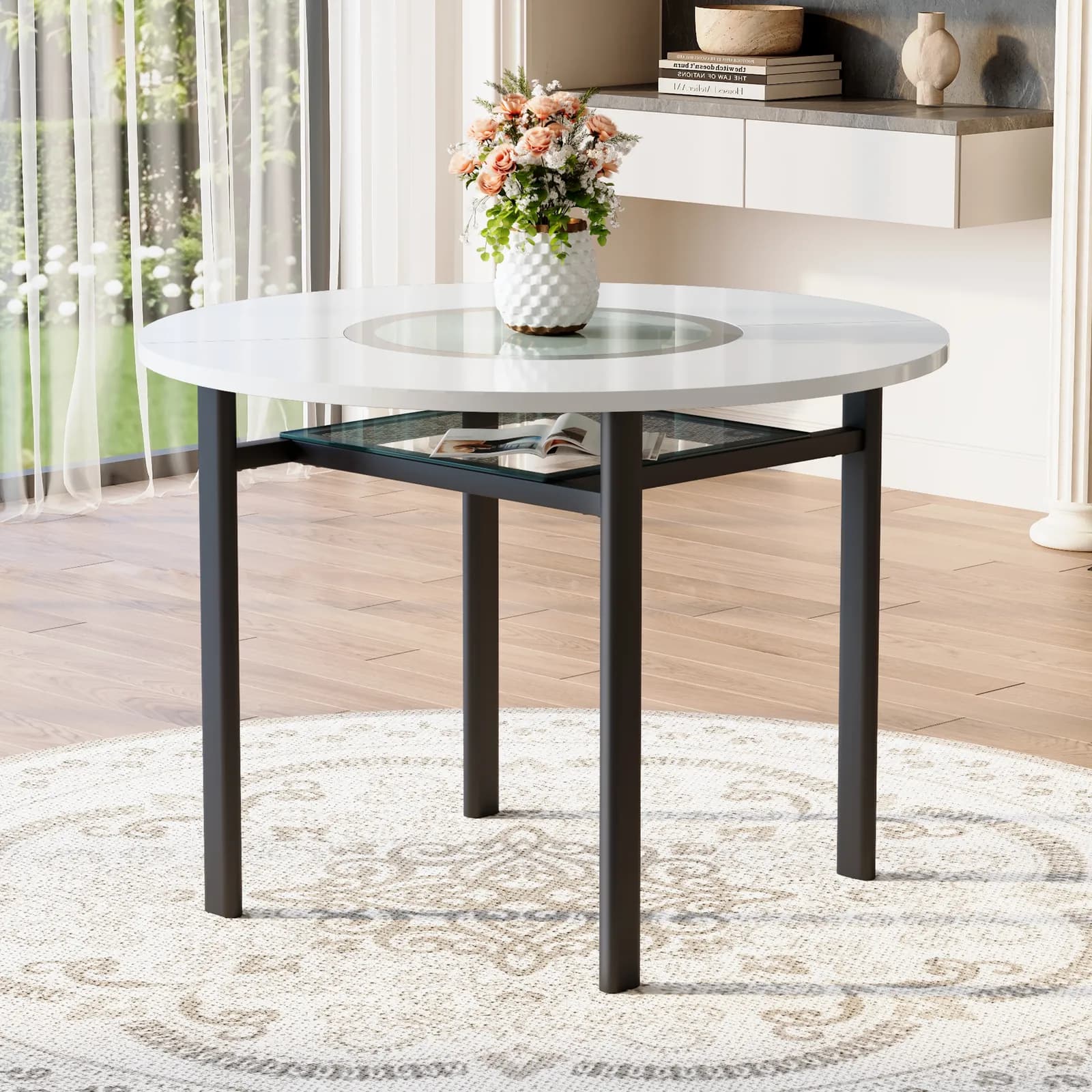 42 inch modern minimalist white desktop round dining table suitable for 4-6 people (gray…