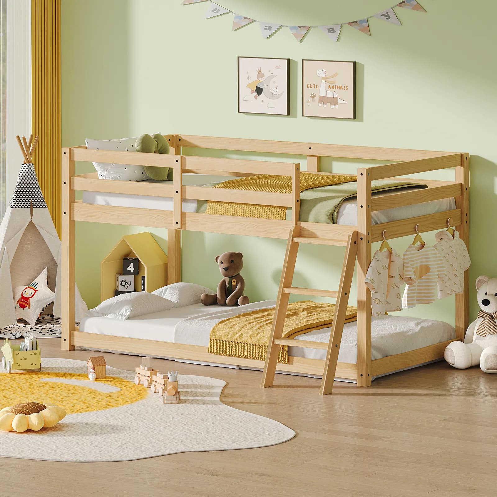Kids Twin Low Loft Bed - Convertible to Bunk Bed, Solid Wood Modern Bed Frame with LED…