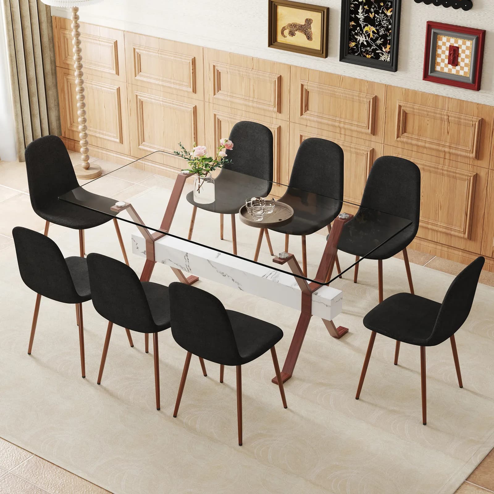 Table and chair set, Elegant Transparent Tempered Glass Dining Table - 71"x35, 4" with 8…