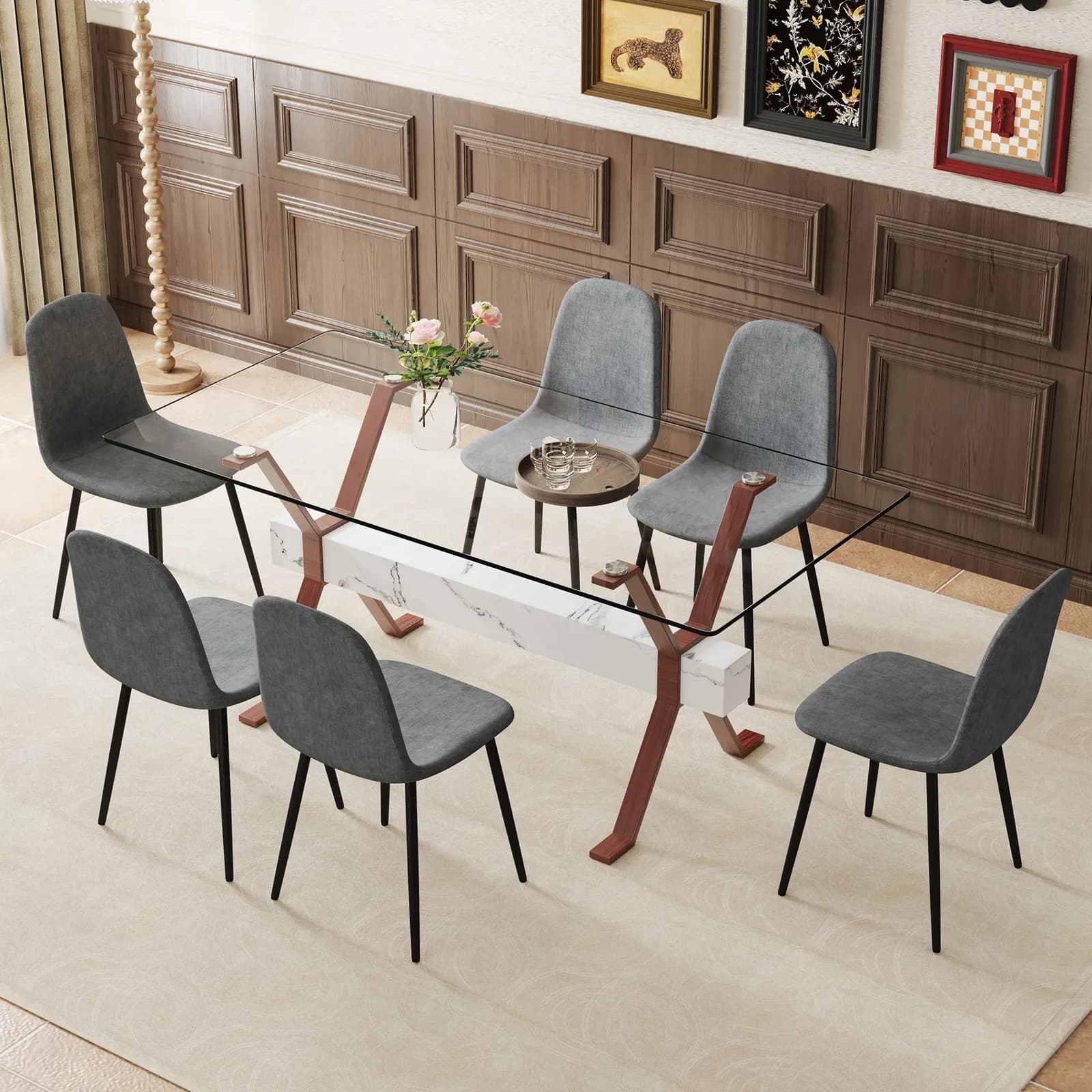 Table and chair set, Elegant Transparent Tempered Glass Dining Table - 71"x35, 4" with 6…
