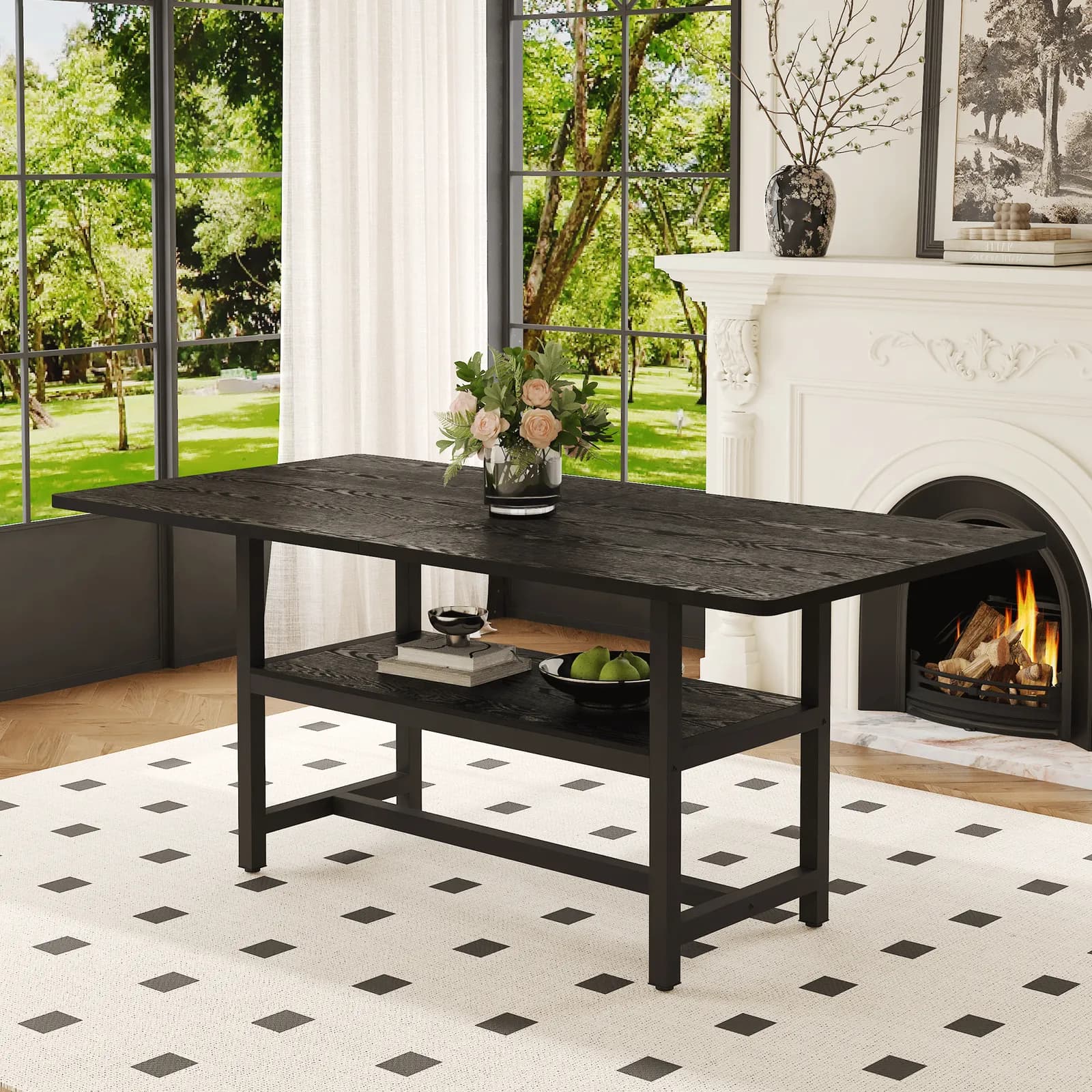 A 71 * 35, 4 inch dining table with a tabletop cleverly pieced together by four black…