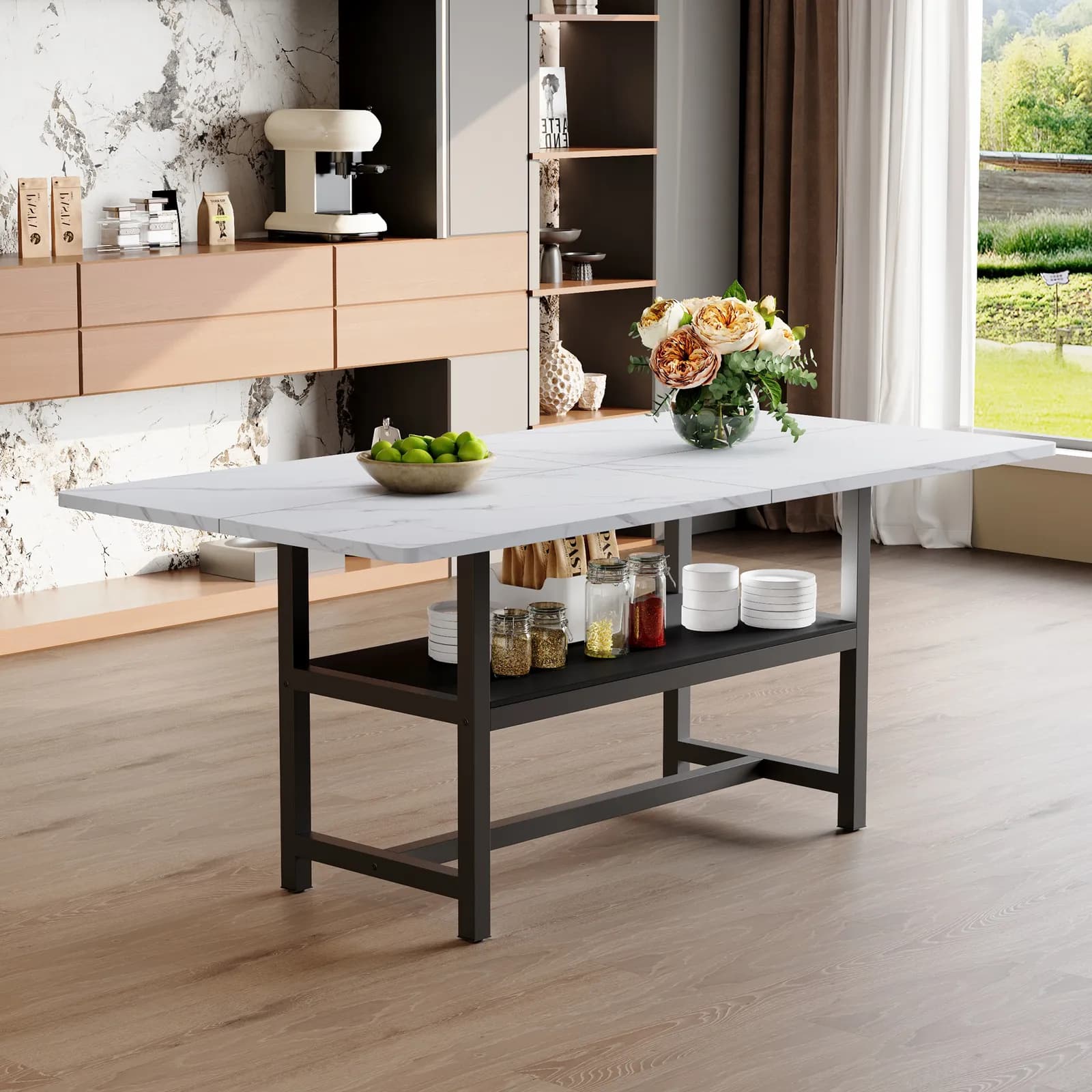 A 71 * 35, 4 inch dining table with a tabletop cleverly pieced together by four white…