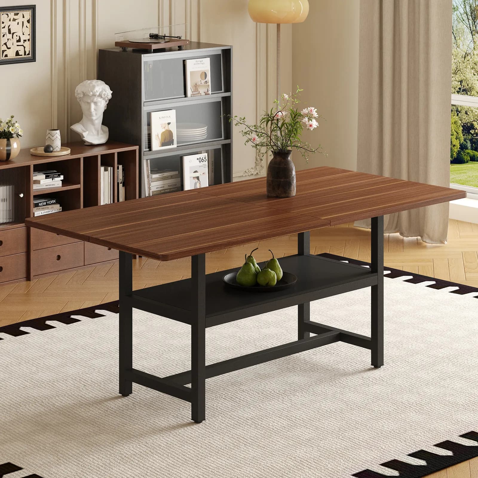 A 71 * 35, 4 inch dining table with a tabletop cleverly pieced together by four walnut…