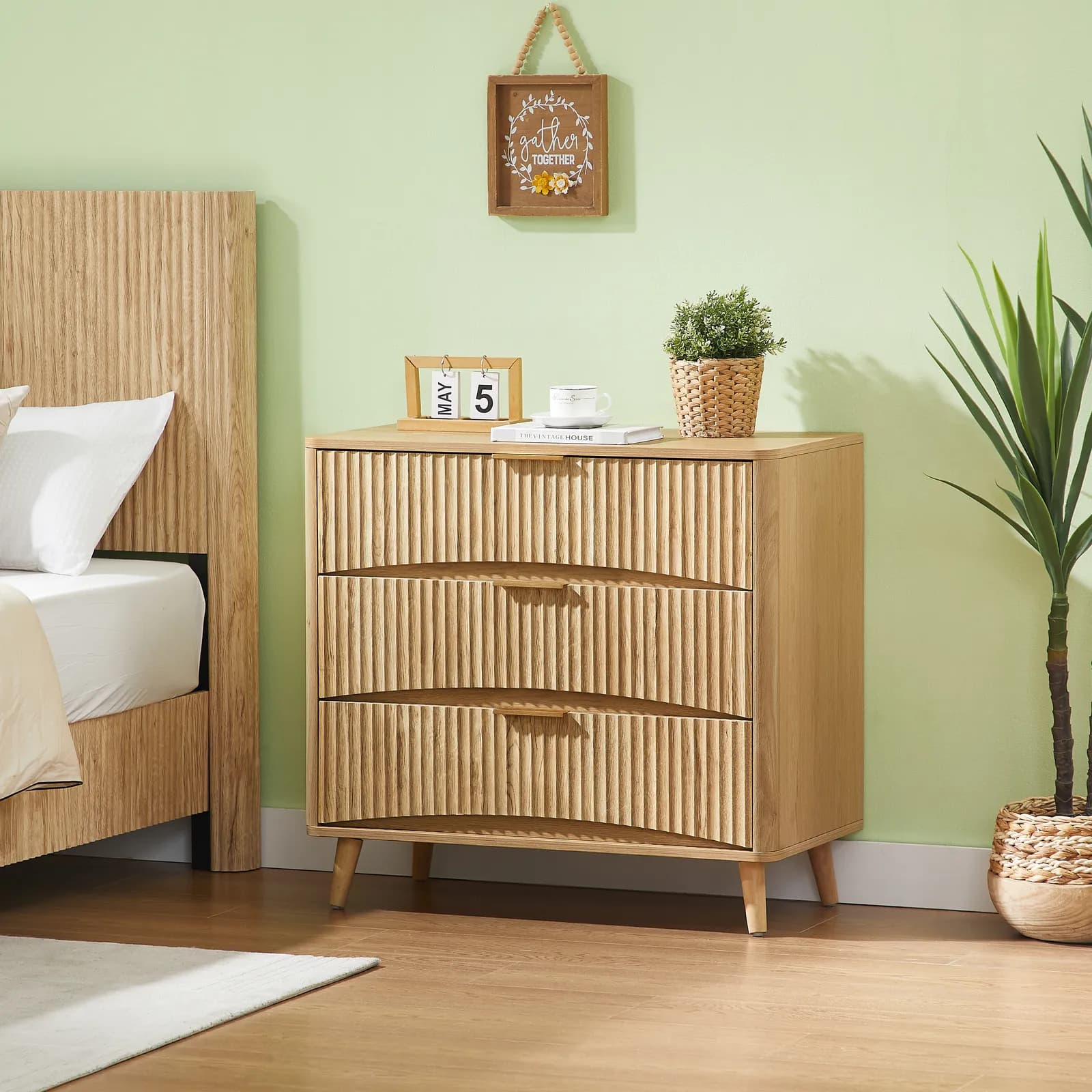 Fluted 3 Drawer Dresser, Modern Tall Chest of Drawers with Vertical Grooved Design, Wood…