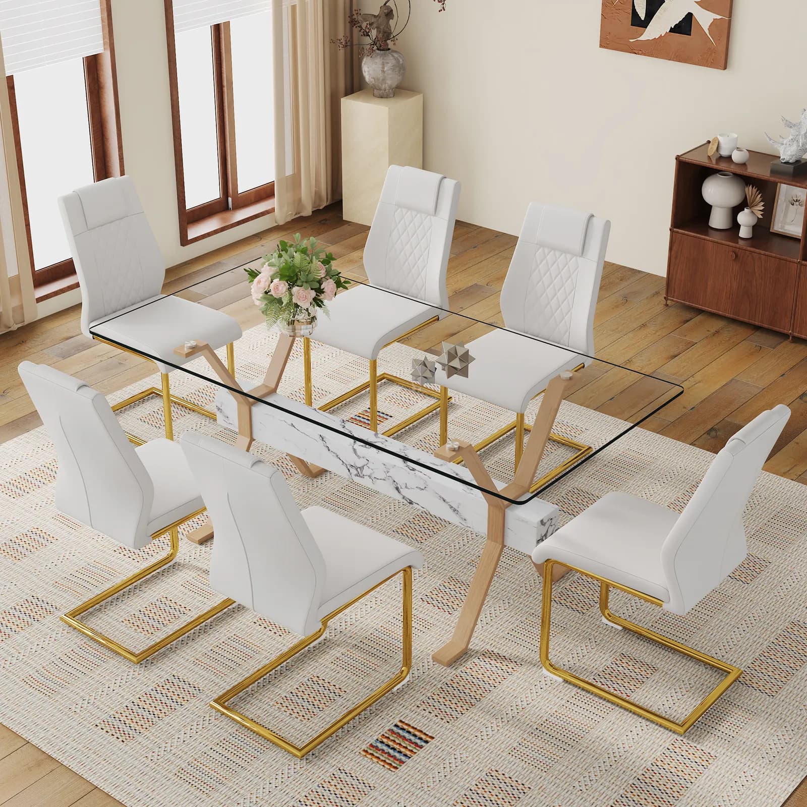 Table and chair set, Elegant Transparent Tempered Glass Dining Table - 71"x35, 4" with 6…