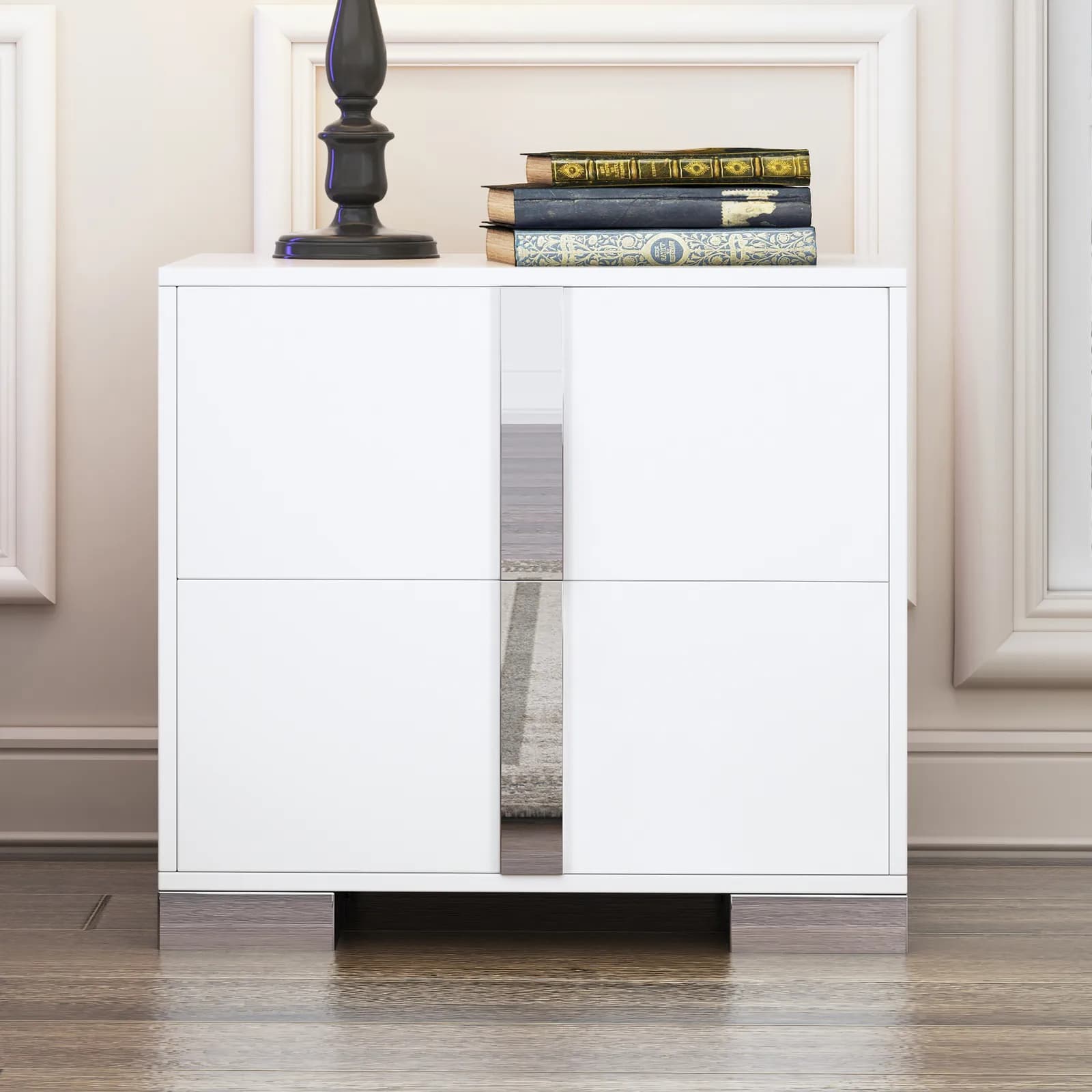 Elegant Nightstand with Metal Foot, Mirrored Bedside Table with 2 Drawers for Bedroom,…
