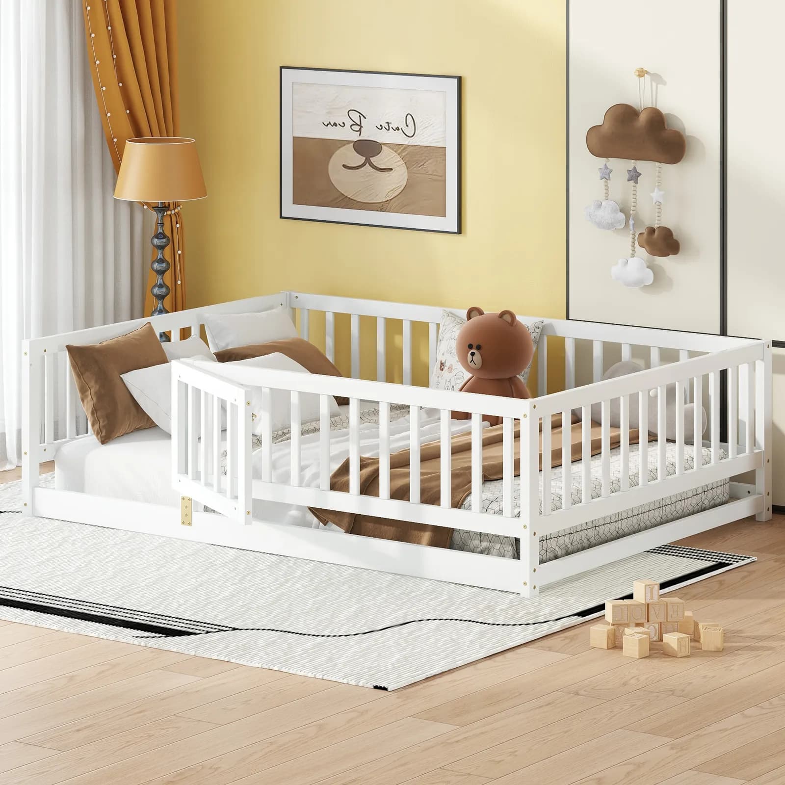 Full Size Floor Bed with Slats, Montessori Floor Bed with Fence and Door, Kids Montessori…