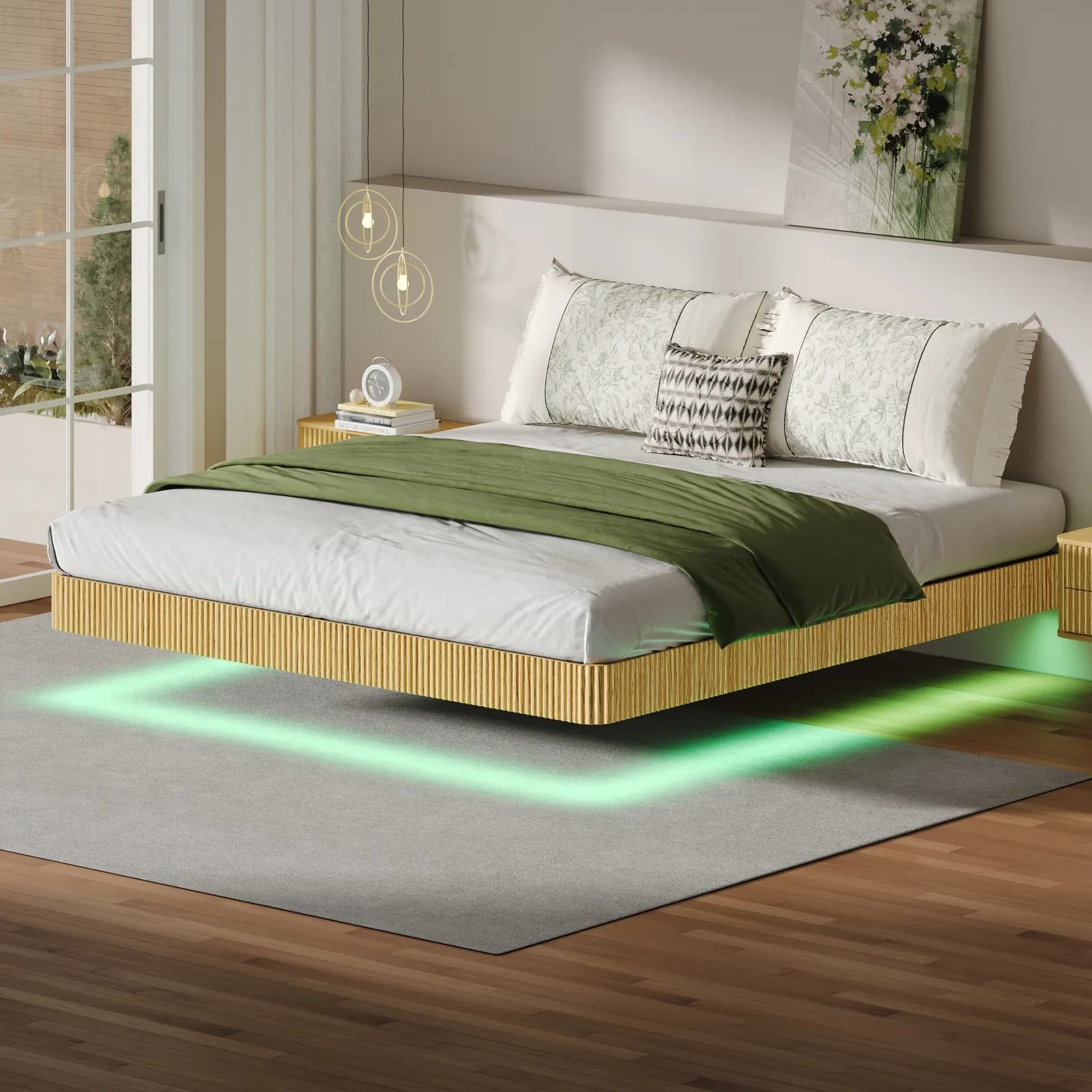 Oak King Floating Bed Frame with LED Lights, Wave Curve Wood Texture Bed with Heavy Duty…