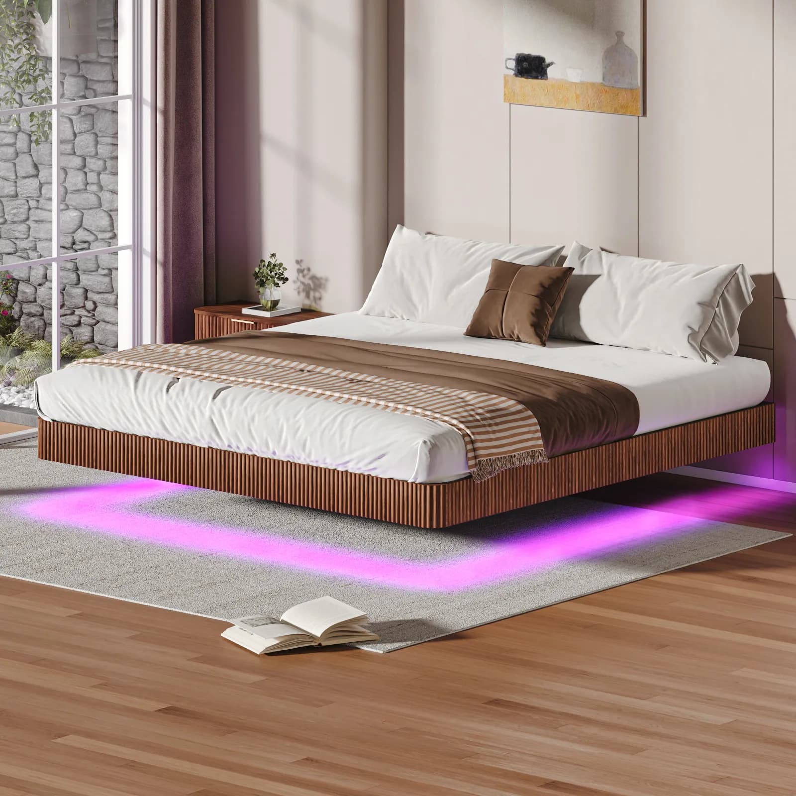 Walnut King Floating Bed Frame with LED Lights, Wave Curve Wood Texture Bed with Heavy…