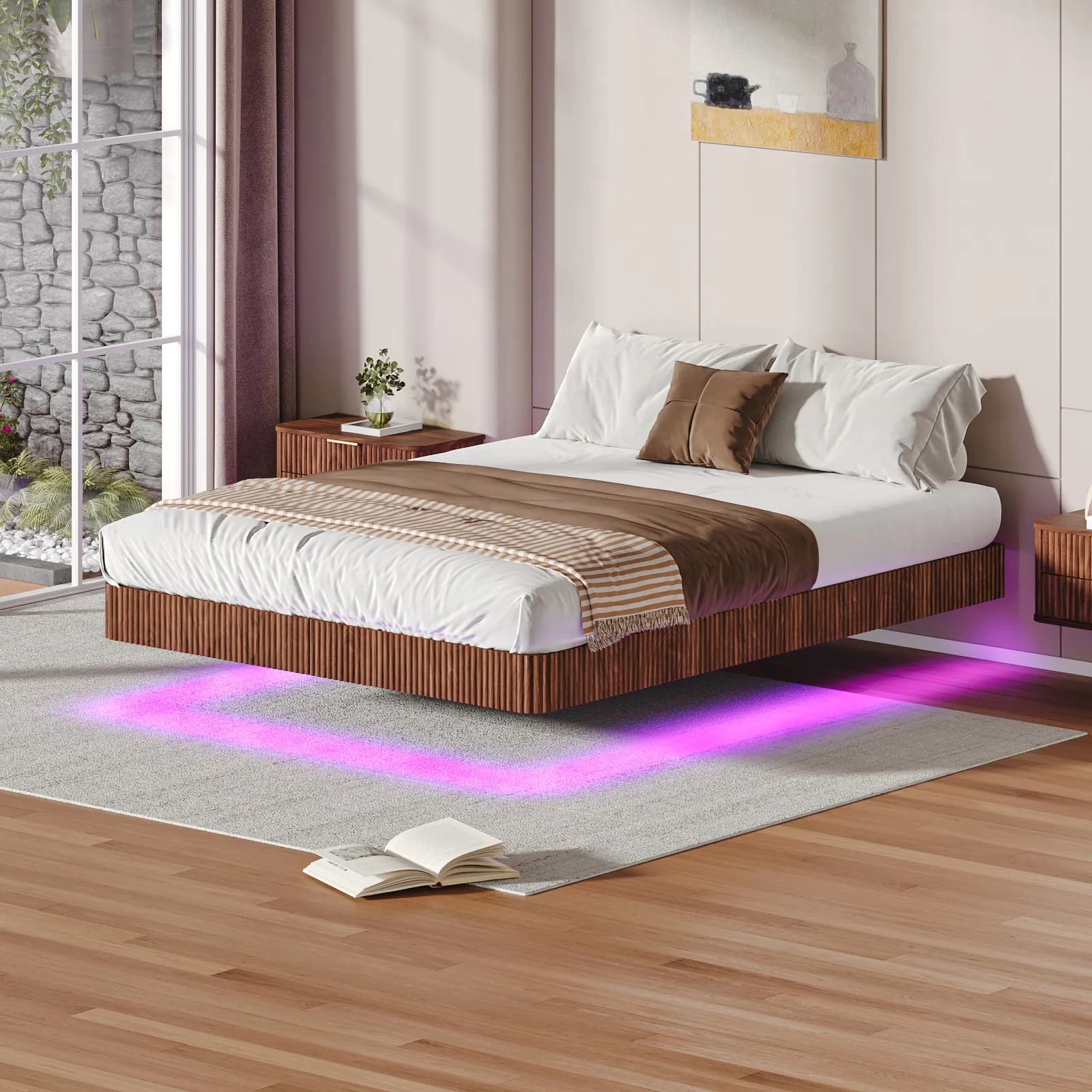 Walnut Queen Floating Bed Frame with LED Lights, Wave Curve Wood Texture Bed with Heavy…