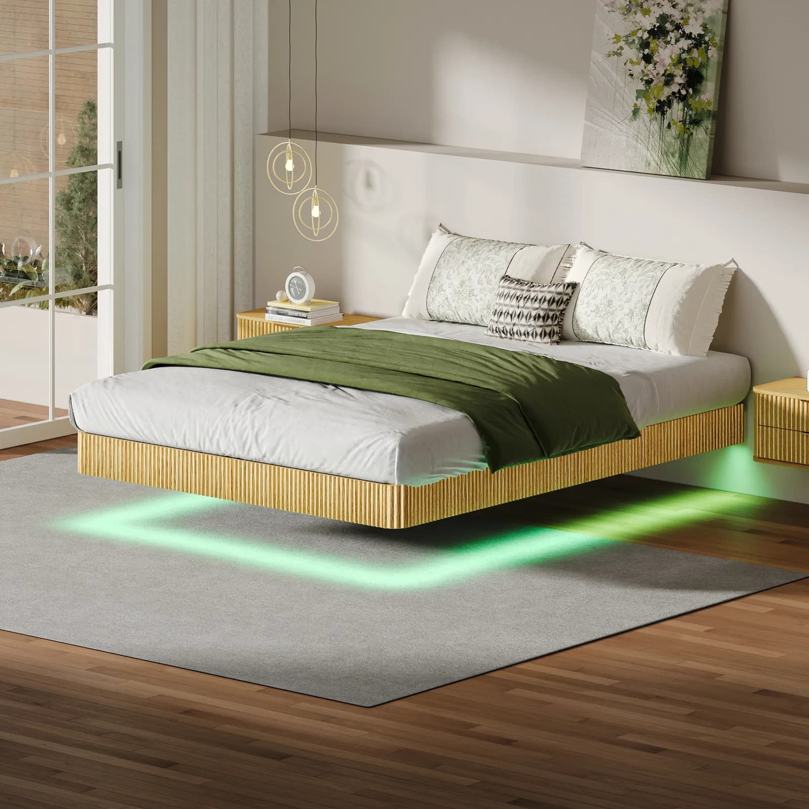 Oak Queen Floating Bed Frame with LED Lights, Wave Curve Wood Texture Bed with Heavy Duty…