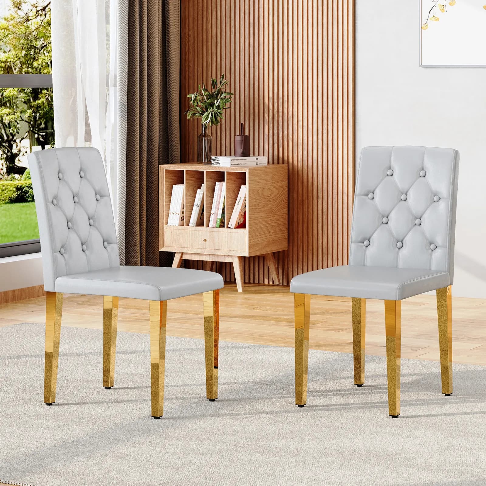 2-piece set of light grey PU dining chairs: ergonomically designed buckle backrest, 35…