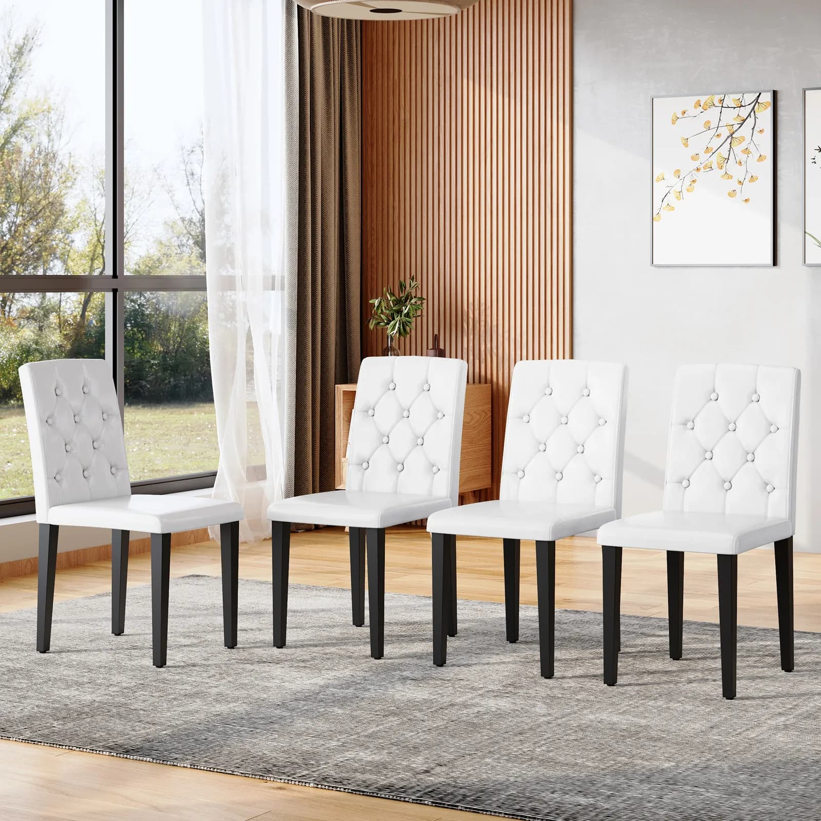 4-pack white PU dining chairs: ergonomic buckle backrest, 35 inches high, black metal…