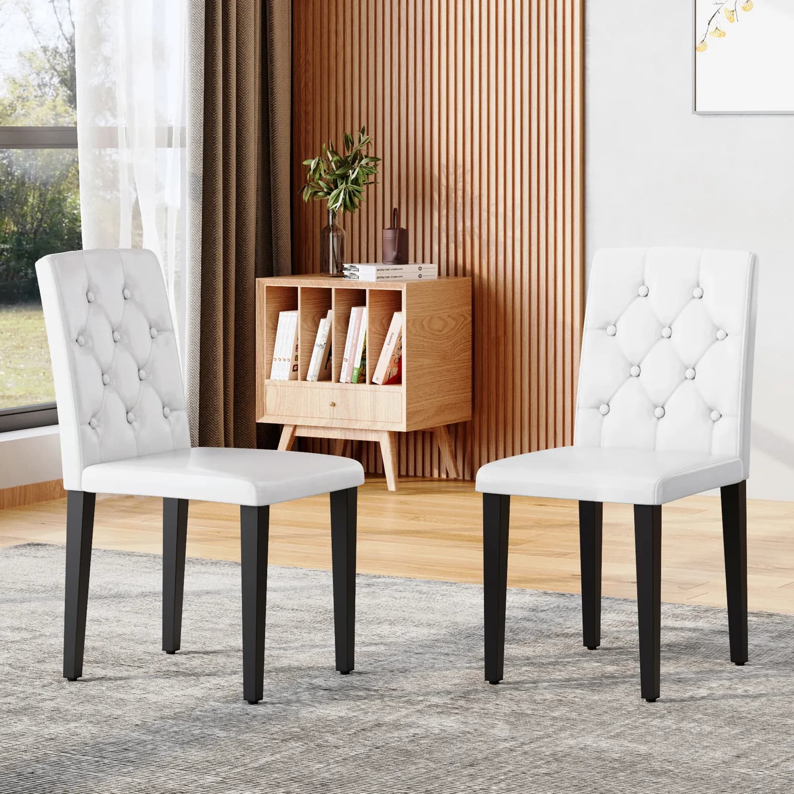 2-pack white PU dining chairs: ergonomic buckle backrest, 35 inches high, black metal…