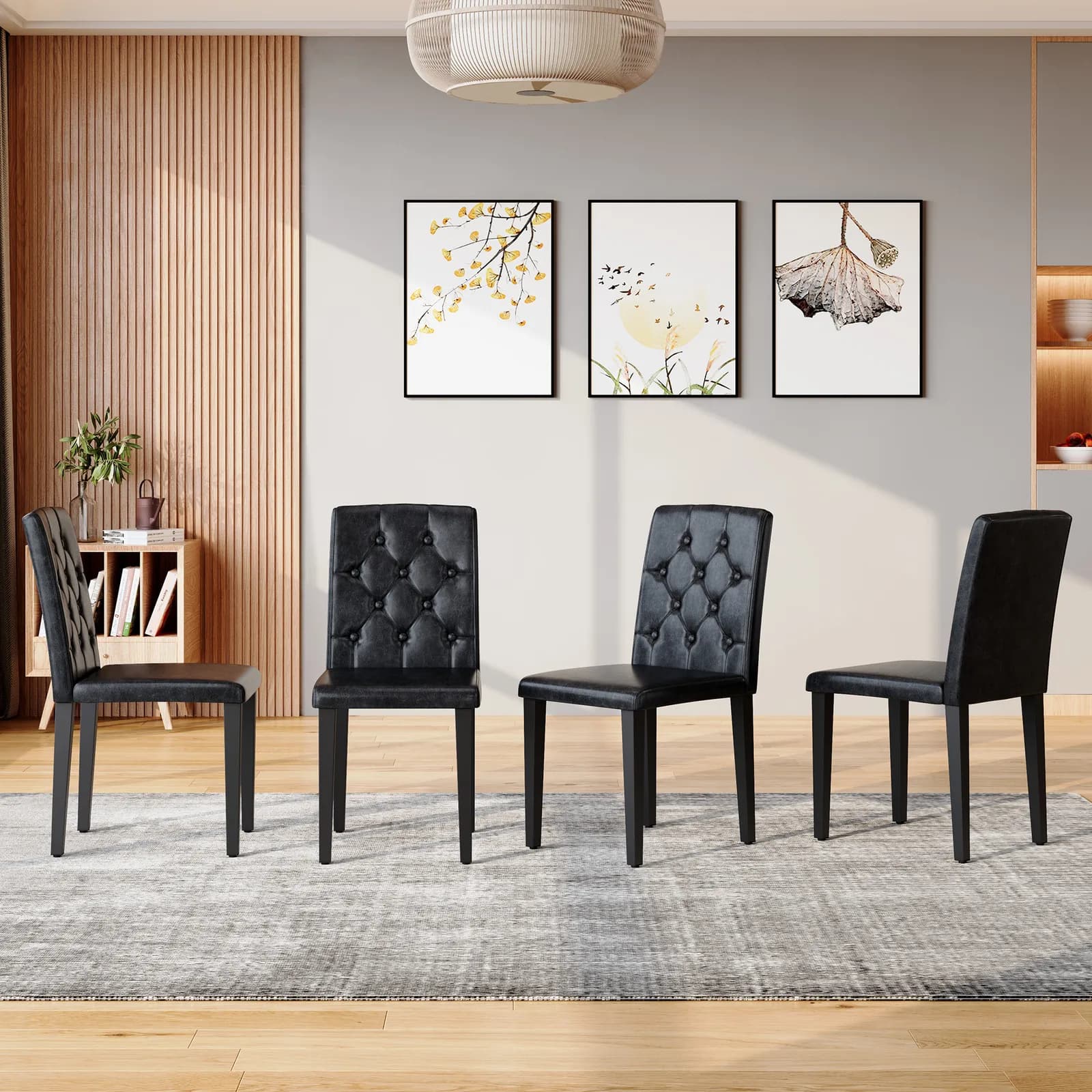 4-pack black PU dining chairs: ergonomic buckle backrest, 35 inches high, black metal…