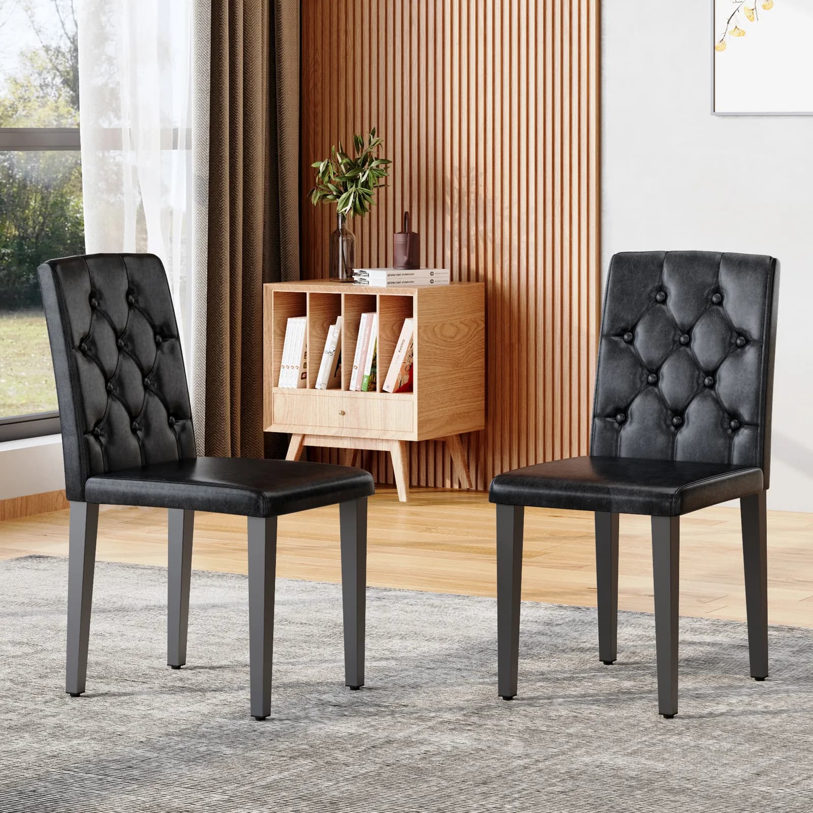 2-pack black PU dining chairs: ergonomic buckle backrest, 35 inches high, black metal…