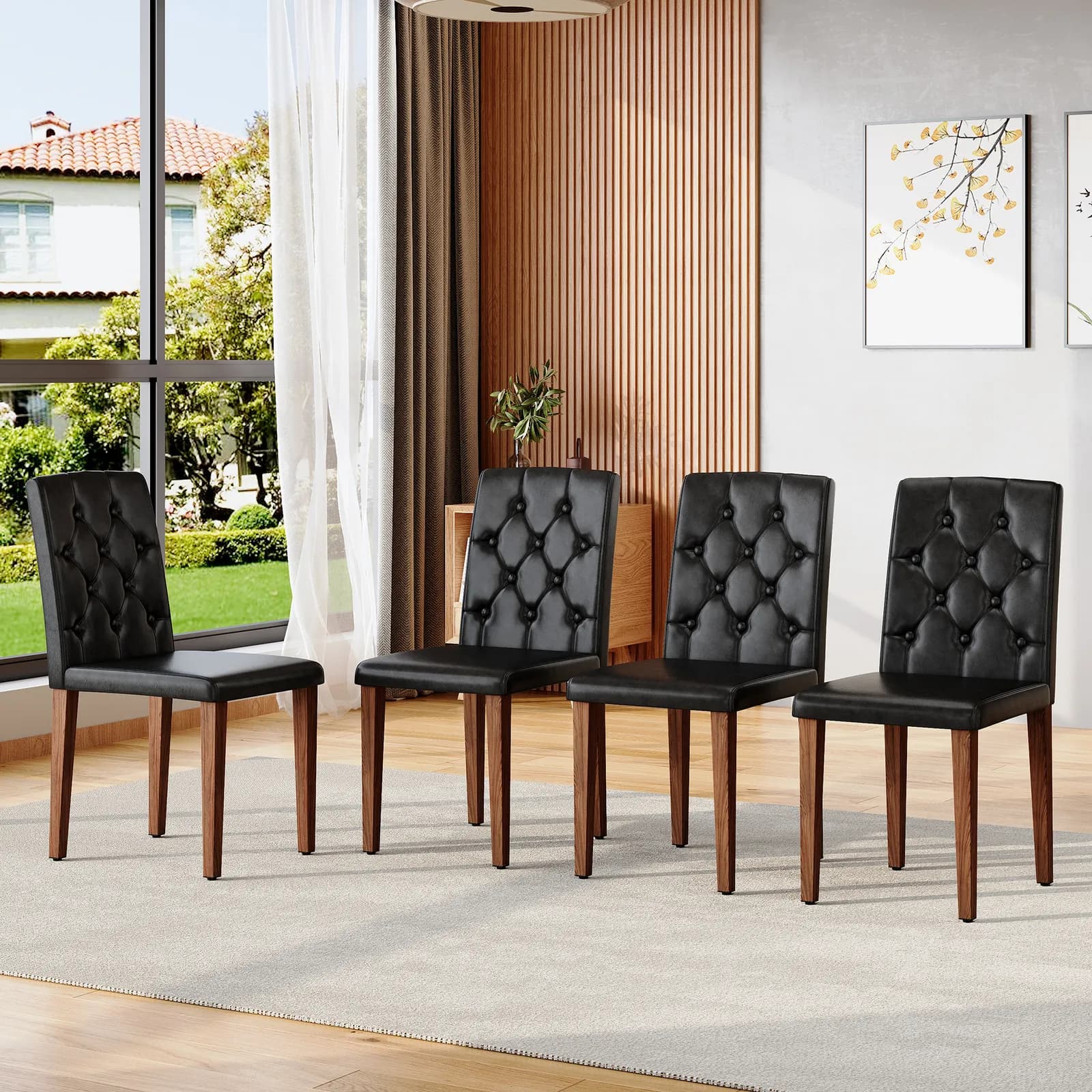 4-piece set of black PU dining chairs: ergonomically designed with a buckle backrest, 35…