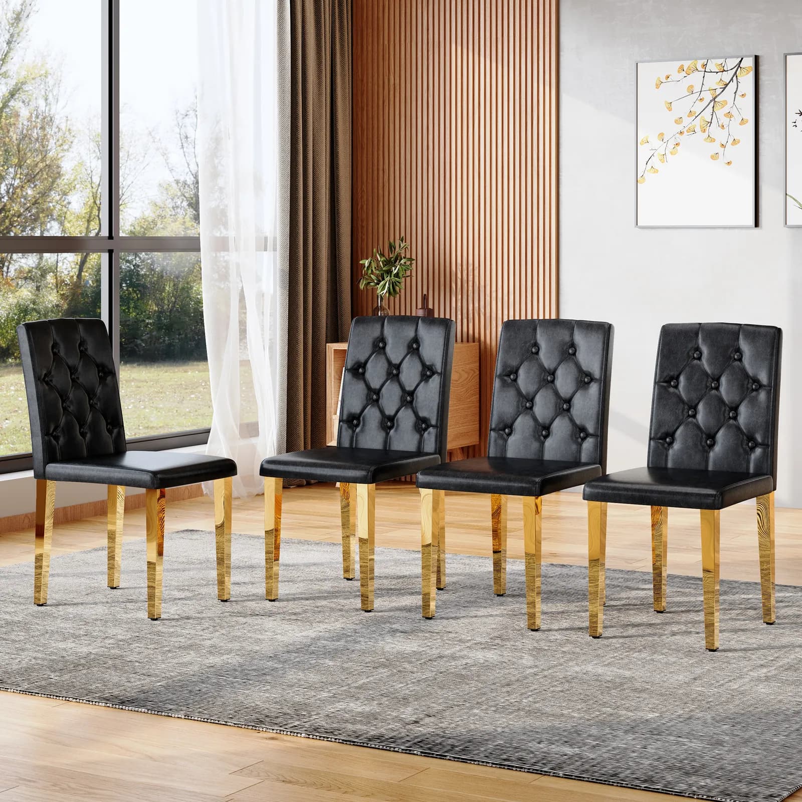 4-pack black PU dining chairs: ergonomic buckle backrest, 35 inches high, golden metal…