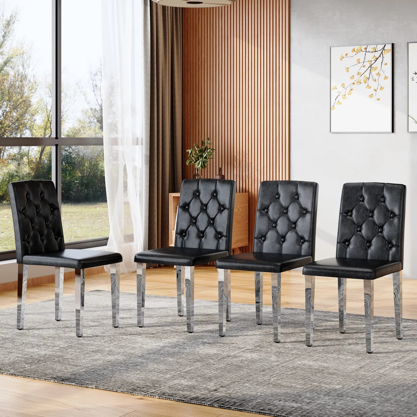 4-pack black PU dining chairs: ergonomic buckle backrest, 35 inches high, silver metal…