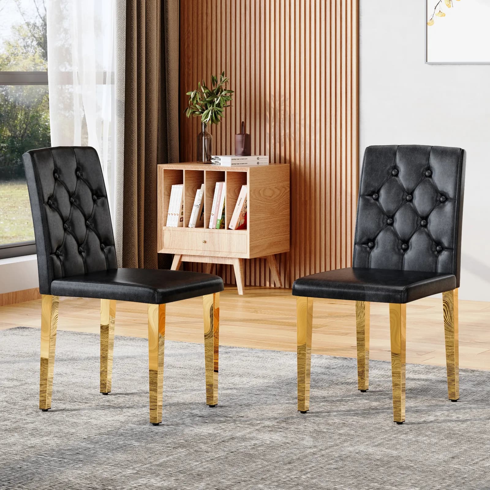 2-pack black PU dining chairs: ergonomic buckle backrest, 35 inches high, golden metal…