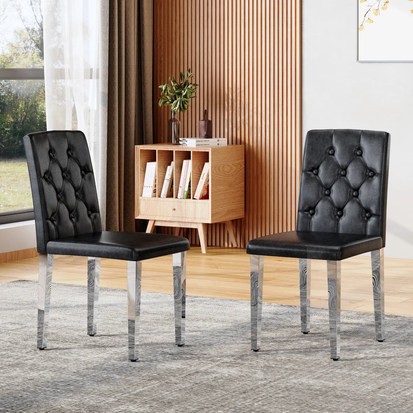 2-pack black PU dining chairs: ergonomic buckle backrest, 35 inches high, silver metal…