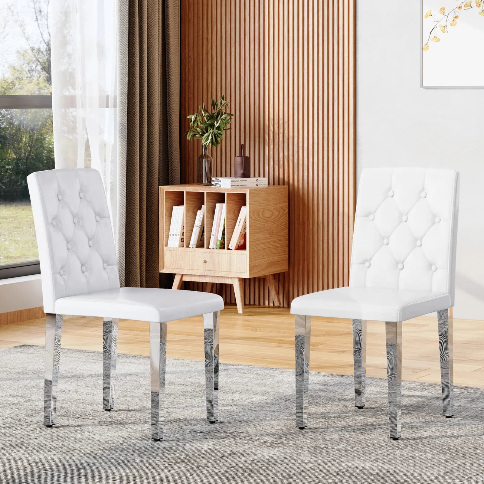 2-pack white PU dining chairs: ergonomic buckle backrest, 35 inches high, silver metal…