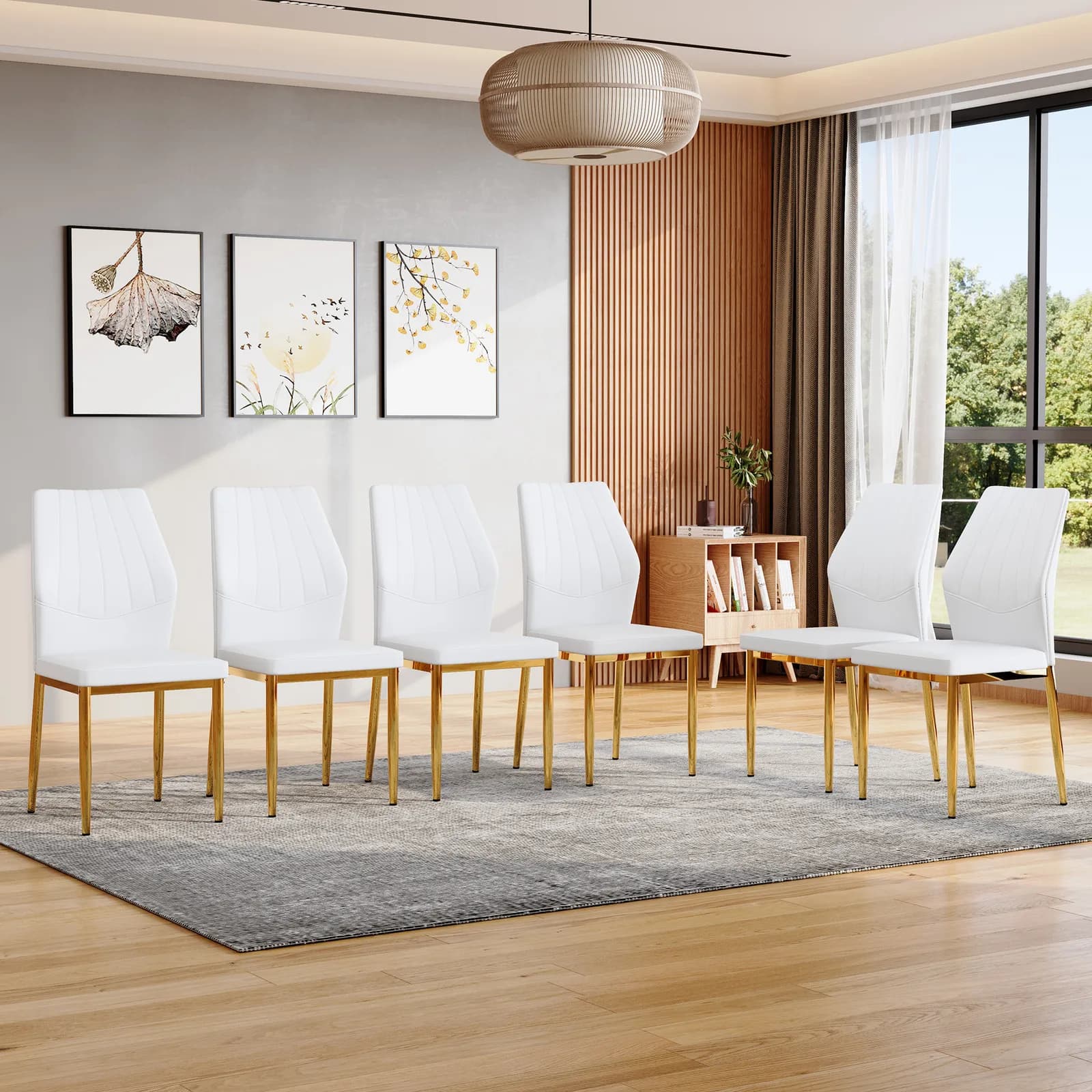 Set of 6 Gold - and - White Dining Chairs, 37 inches High: Ergonomic PU Backrest,…