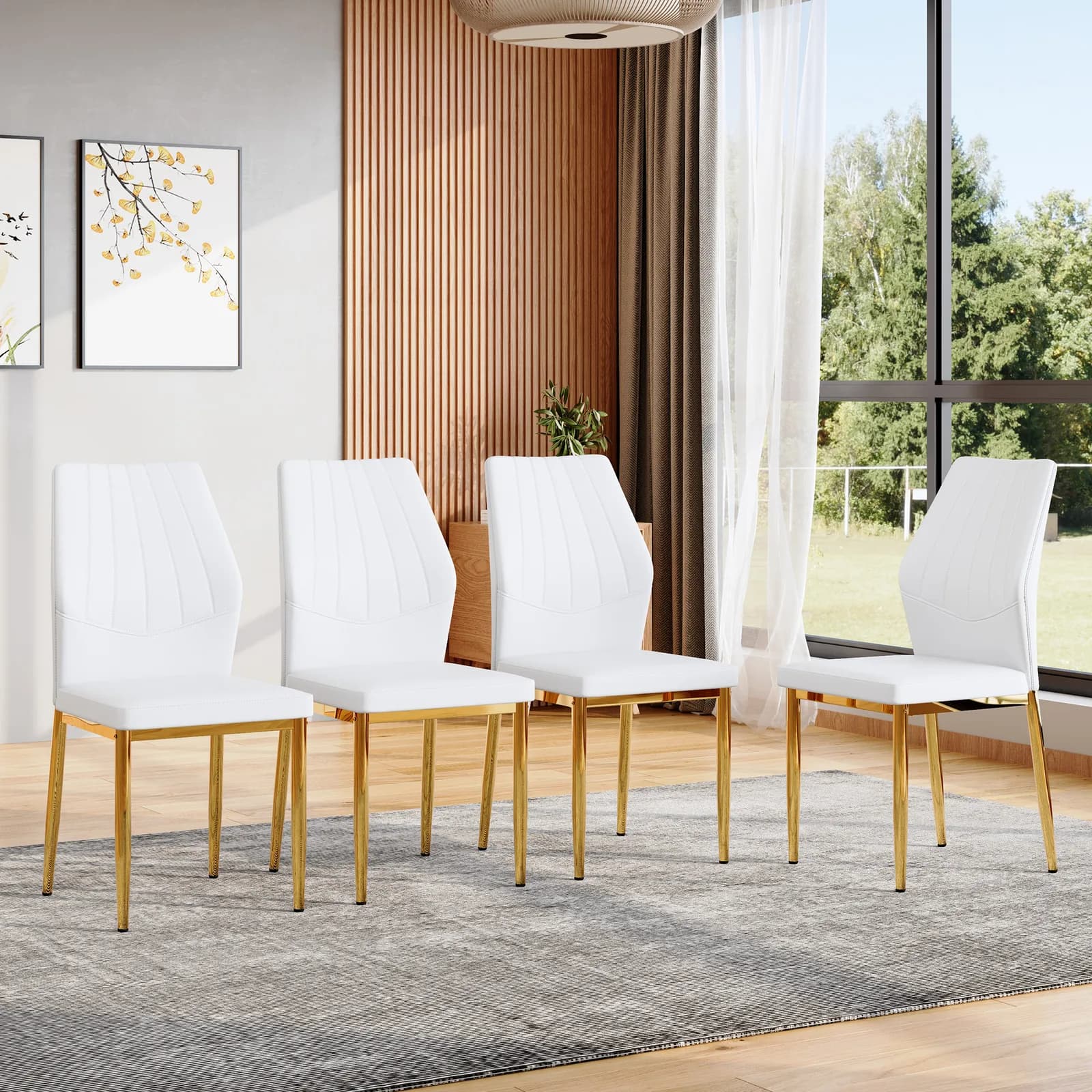 Set of 4 Gold - and - White Dining Chairs, 37 inches High: Ergonomic PU Backrest,…