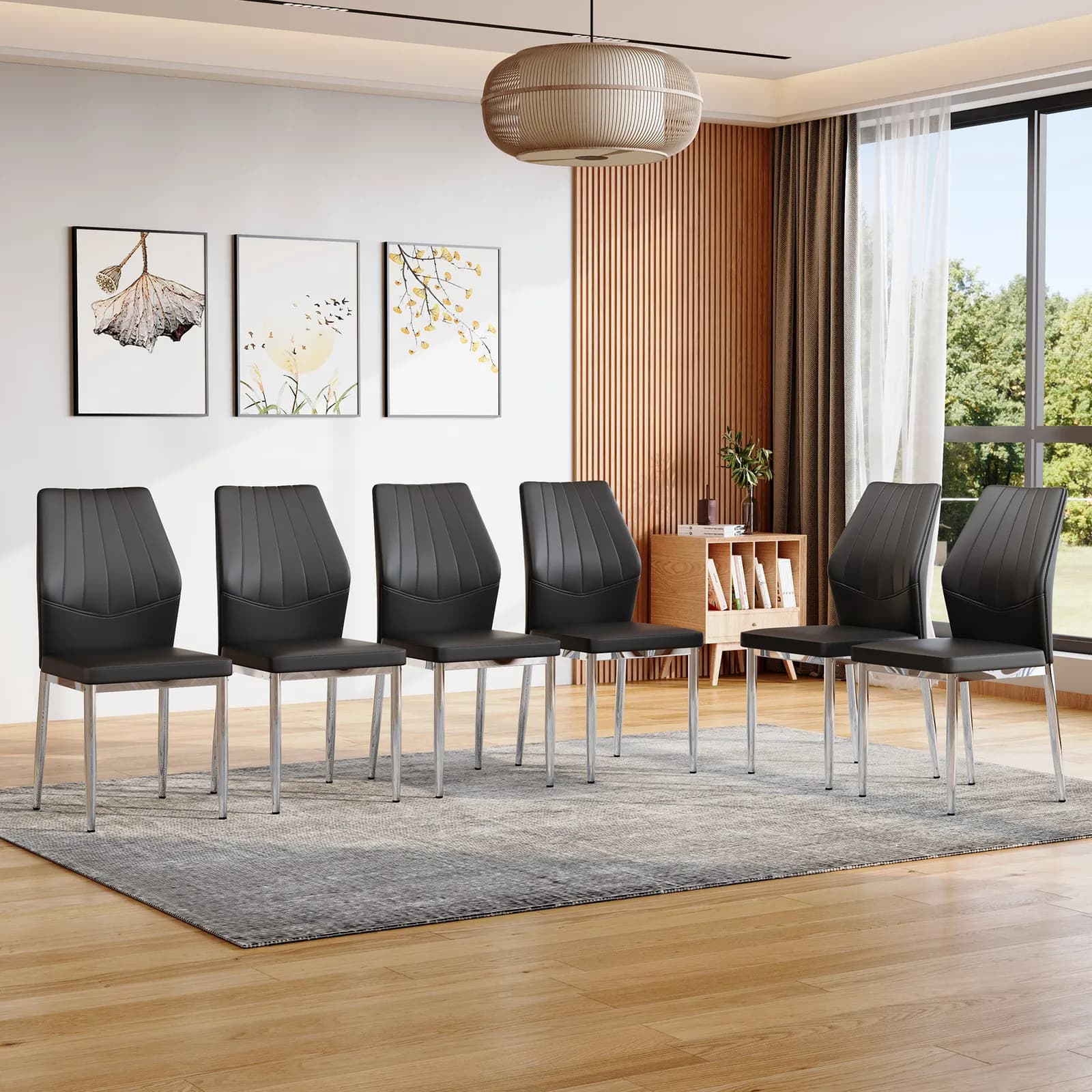 Set of 6 Black - and - Silver Dining Chairs, 37 inches High: Ergonomic PU Backrest,…