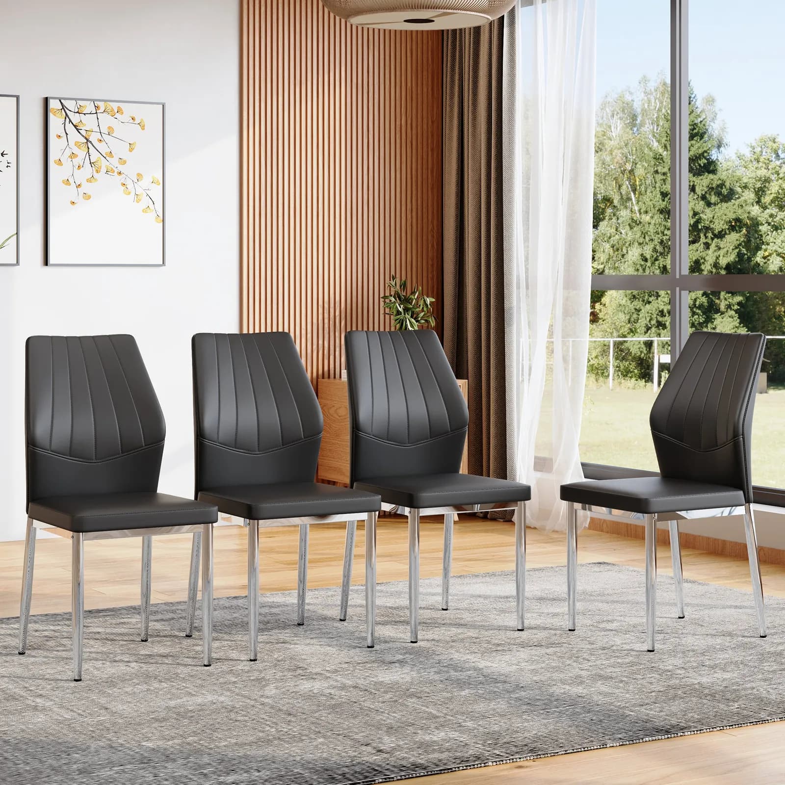 Set of 4 Black - and - Silver Dining Chairs, 37 inches High: Ergonomic PU Backrest,…