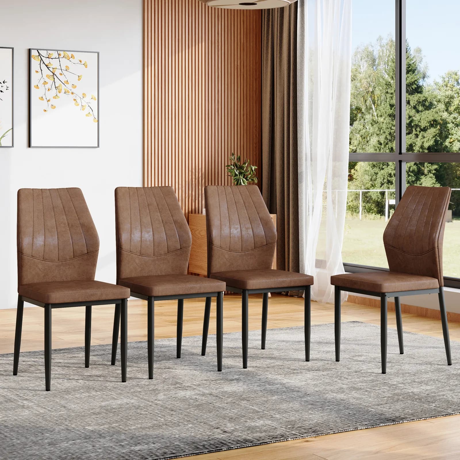 Set of 4 Brown - and - Black Dining Chairs with Shell - pattern, 37 inches High:…
