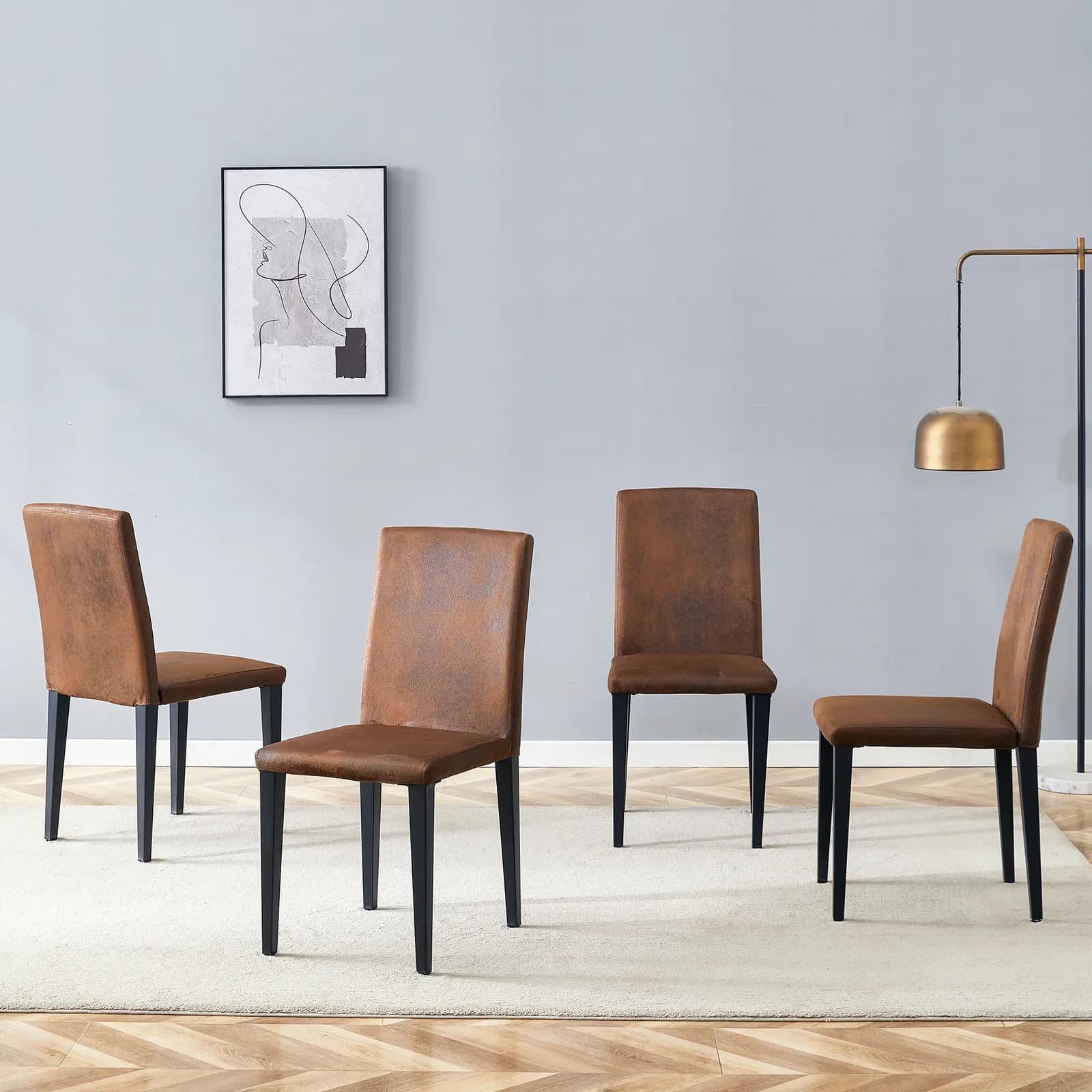 Four brown technology fabric dining chairs, simple and versatile, comfortable and…