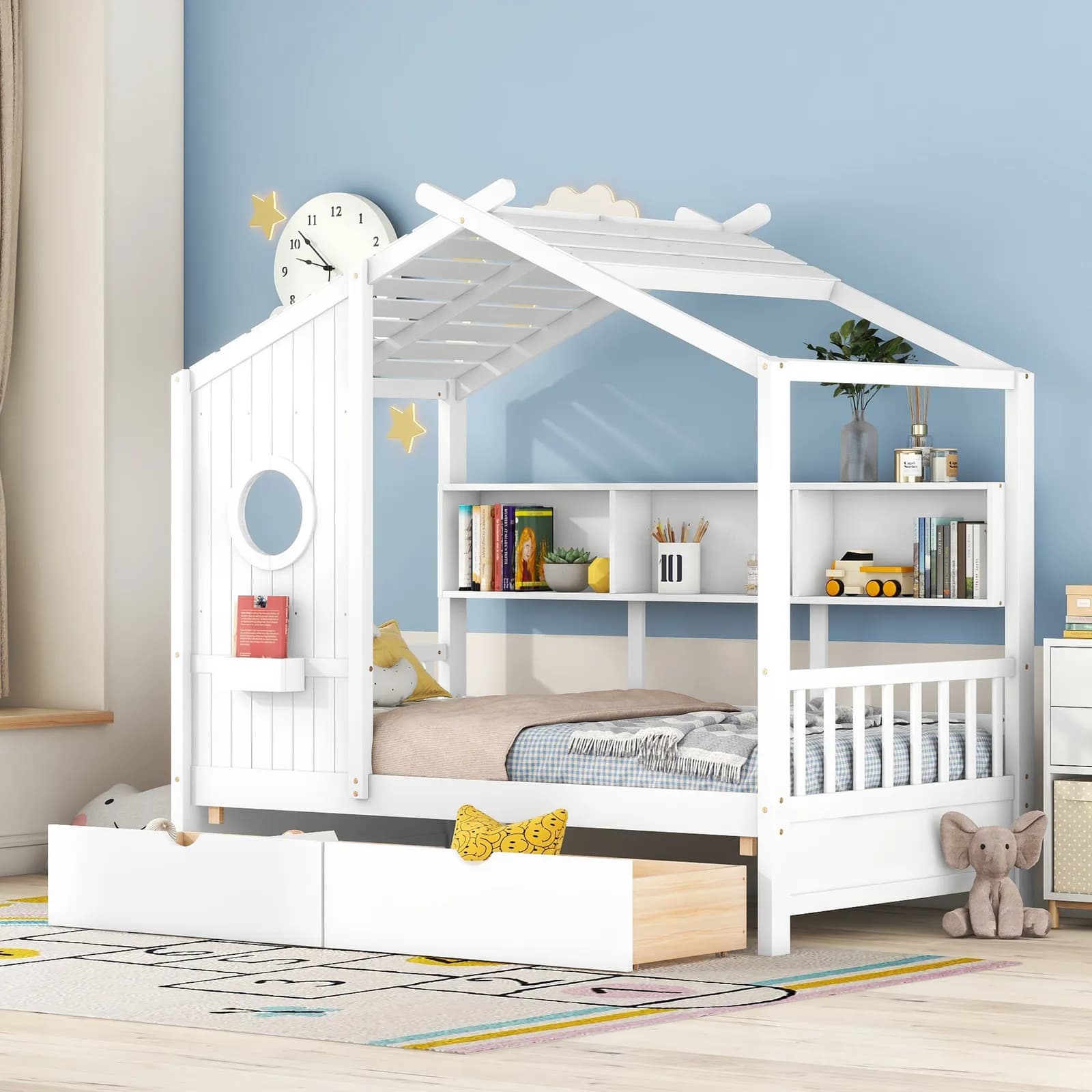 Wooden Twin Size House Bed with 2 Drawers, Kids Bed with Storage Shelf, White