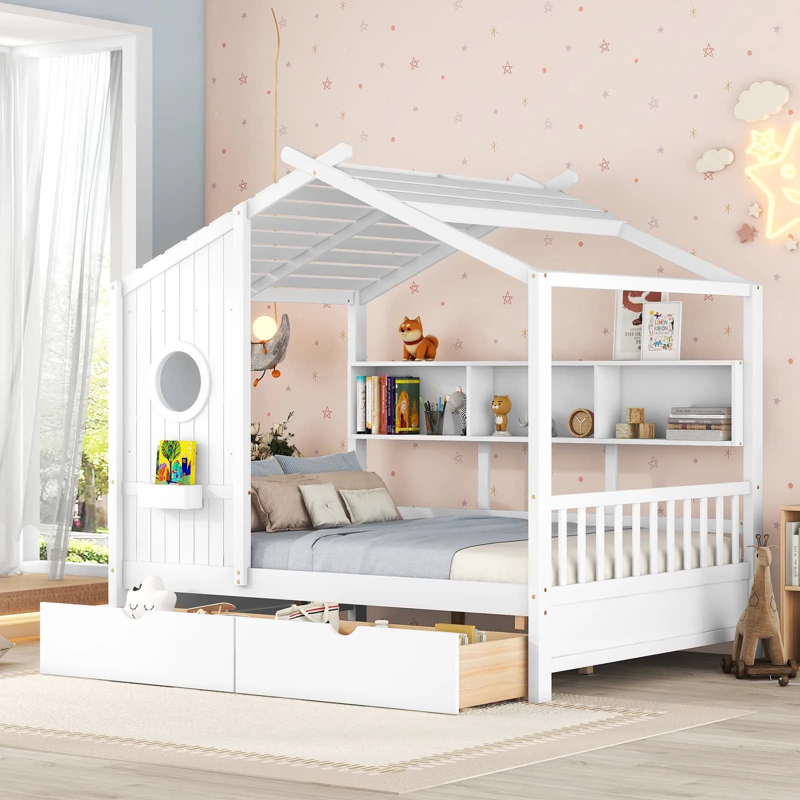 Wooden Full Size House Bed with 2 Drawers, Kids Bed with Storage Shelf, White