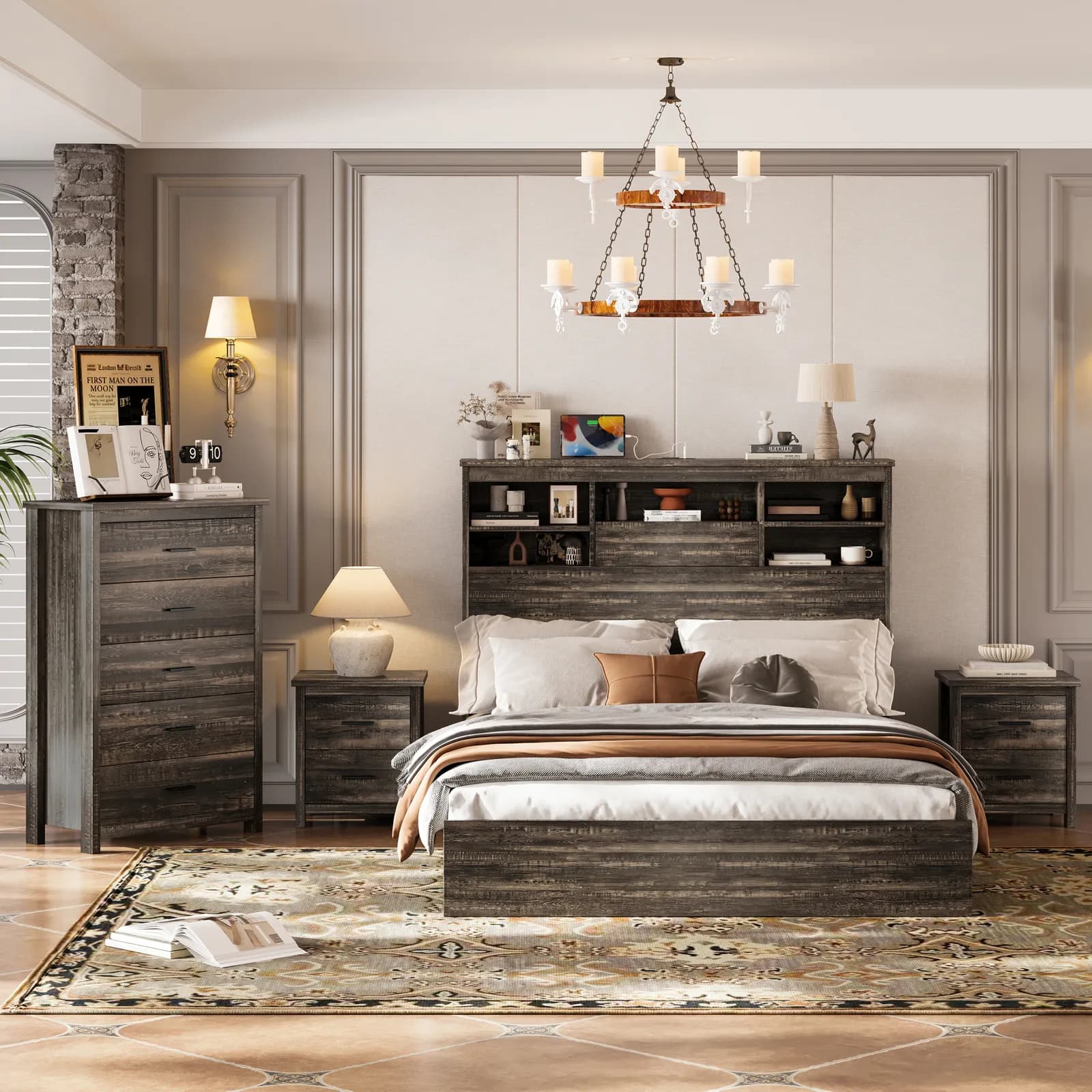 4PCS Bedroom Sets, Wooden Queen Size Bed Frame with Storage Headboard and Charging…