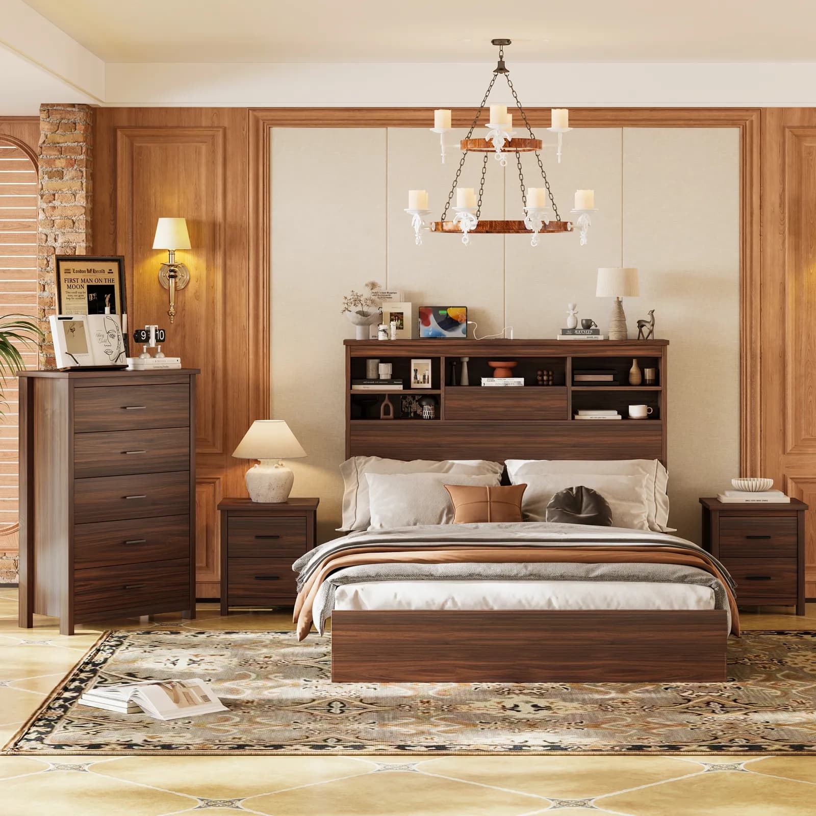 4PCS Bedroom Sets, Wooden Queen Size Bed Frame with Storage Headboard and Charging…