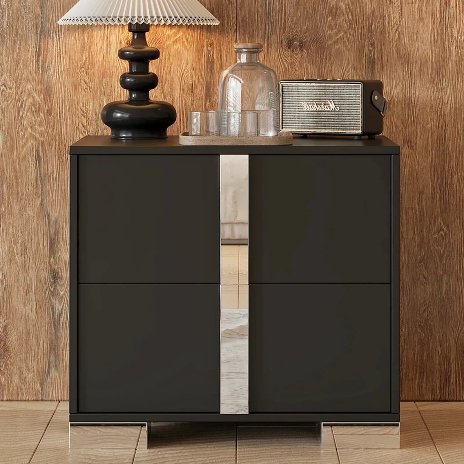Elegant Nightstand with Metal Foot, Mirrored Bedside Table with 2 Drawers for Bedroom,…