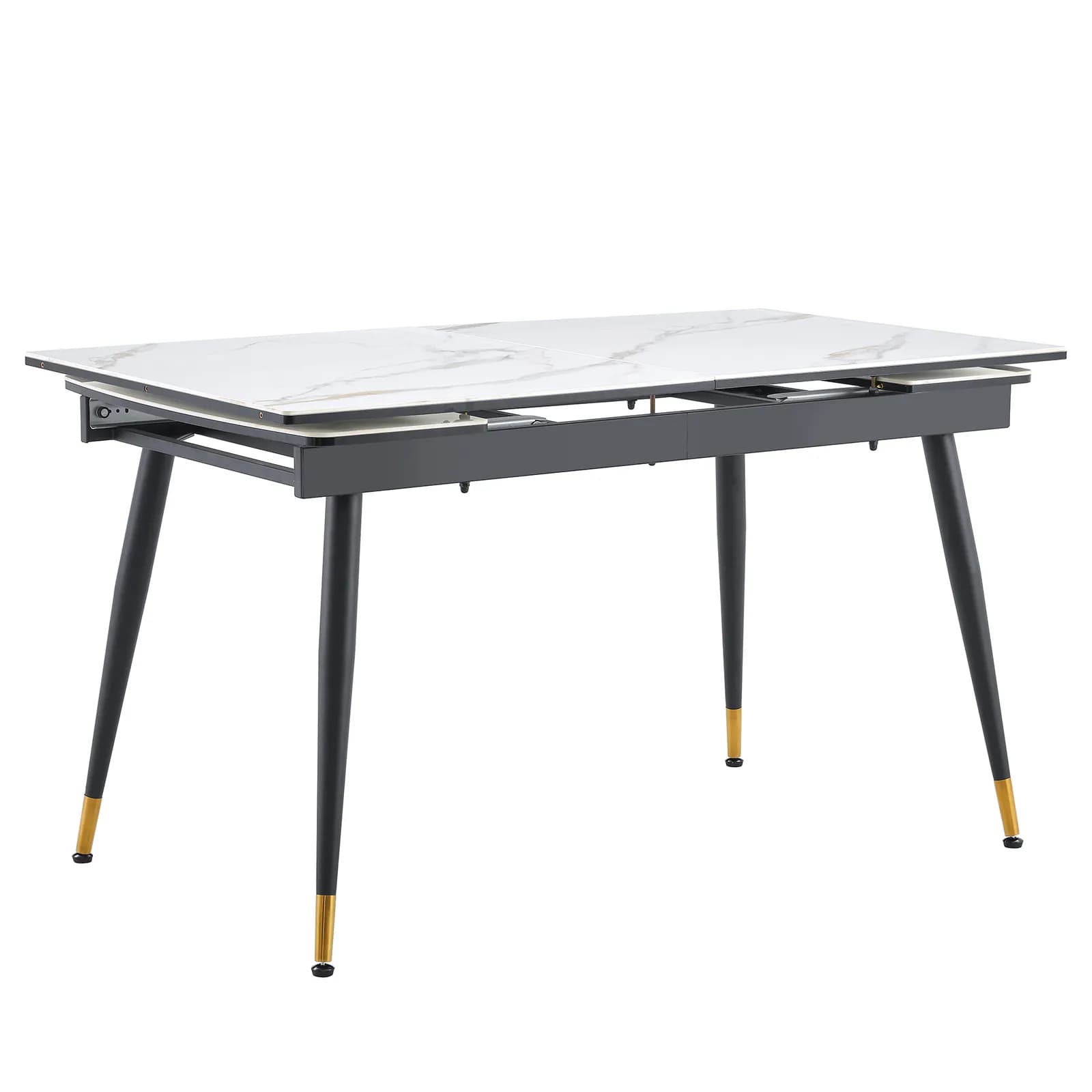 With a clever retractable mechanism, the White marble pattern table top and black metal…
