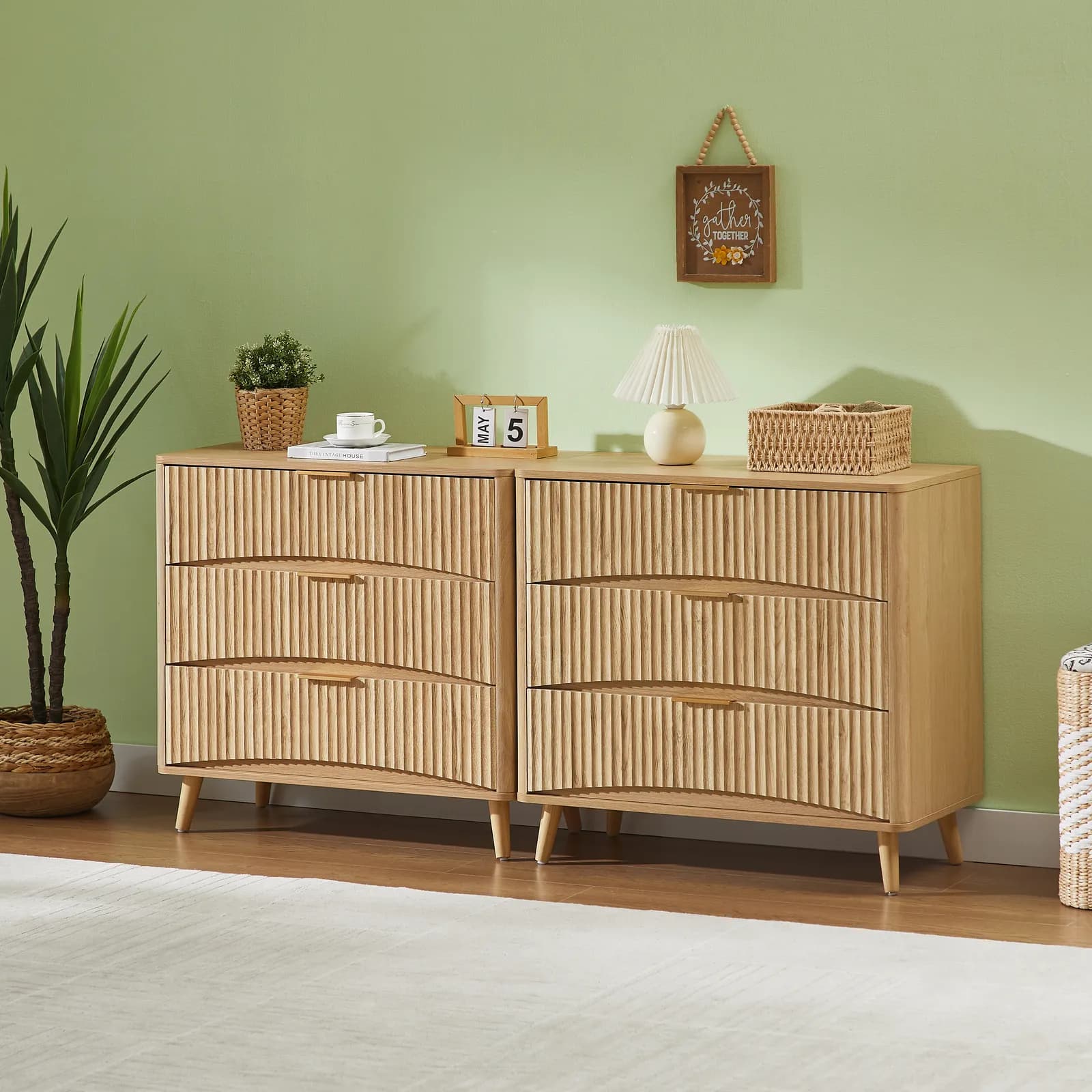Fluted 3 Drawer Dresser Set of 2, Modern Tall Chest of Drawers with Vertical Grooved…