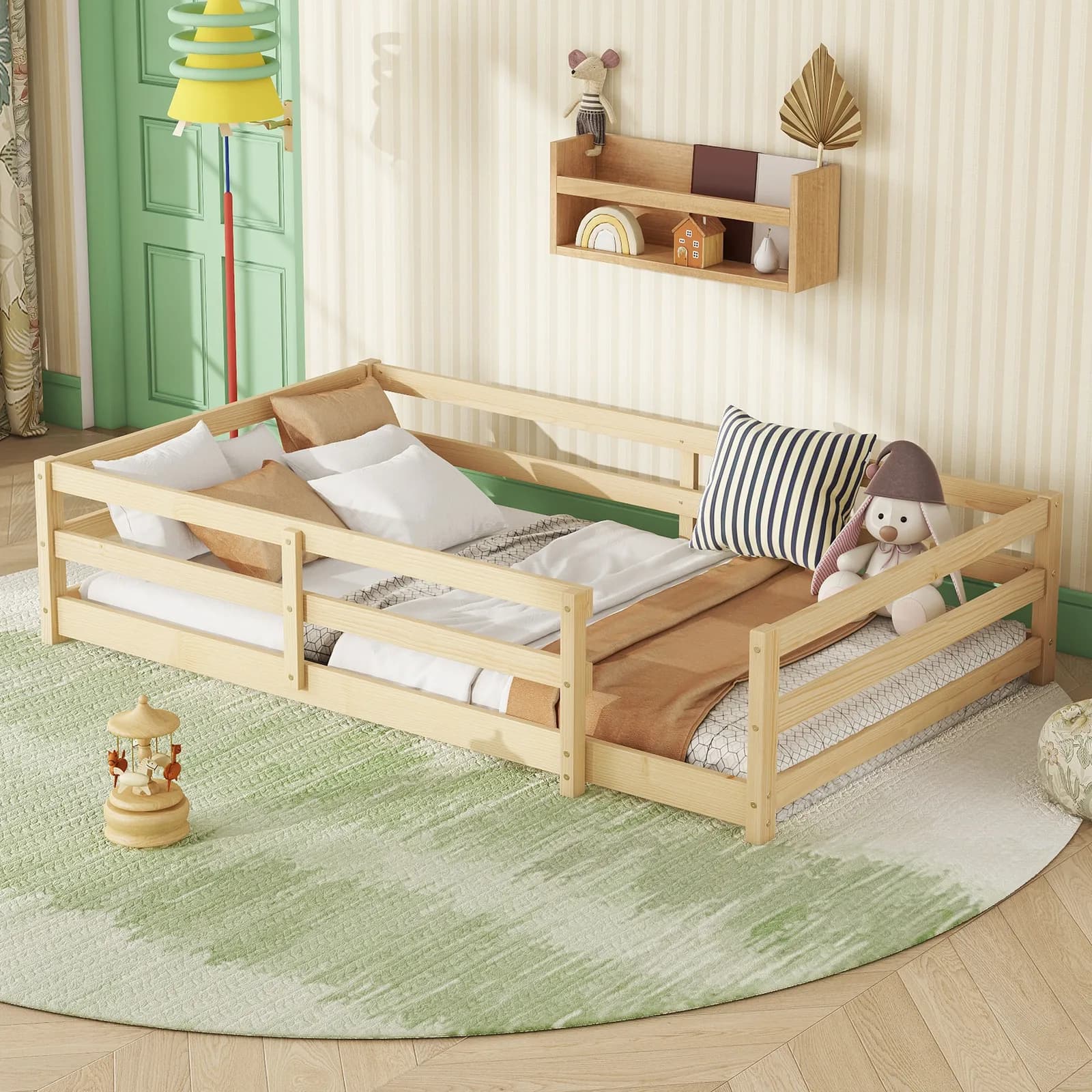 Twin Size Floor Bed, Montessori Floor Bed with Fence, Kids Montessori Bed Twin Size, Wood…