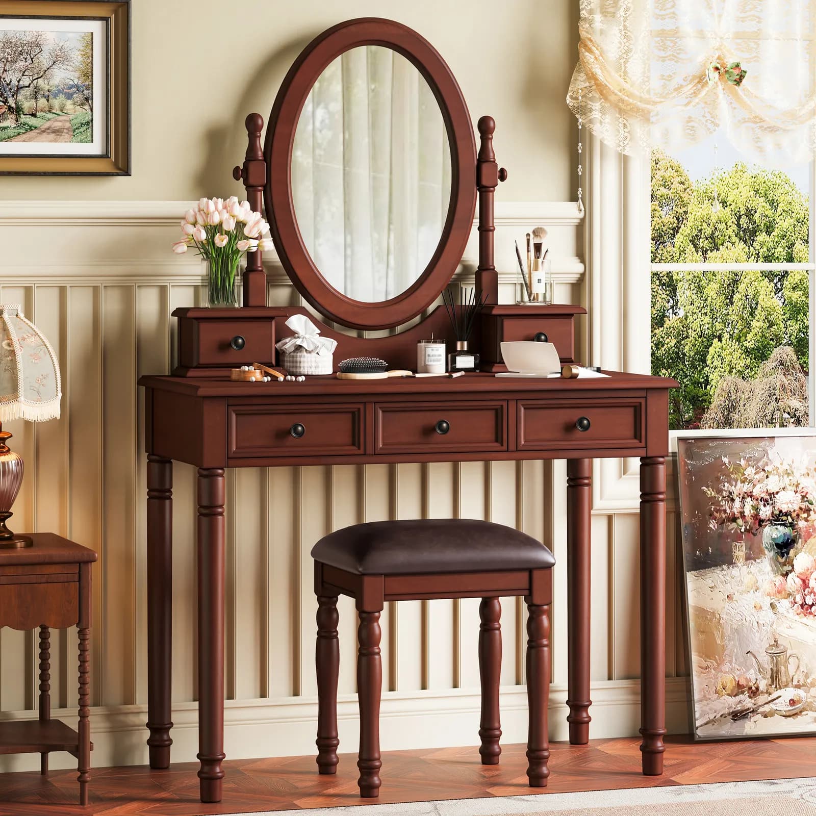 Vanity Desk with Adjustable Angle Mirror, Vintage Vanity Makeup Table and Cushioned Stool…