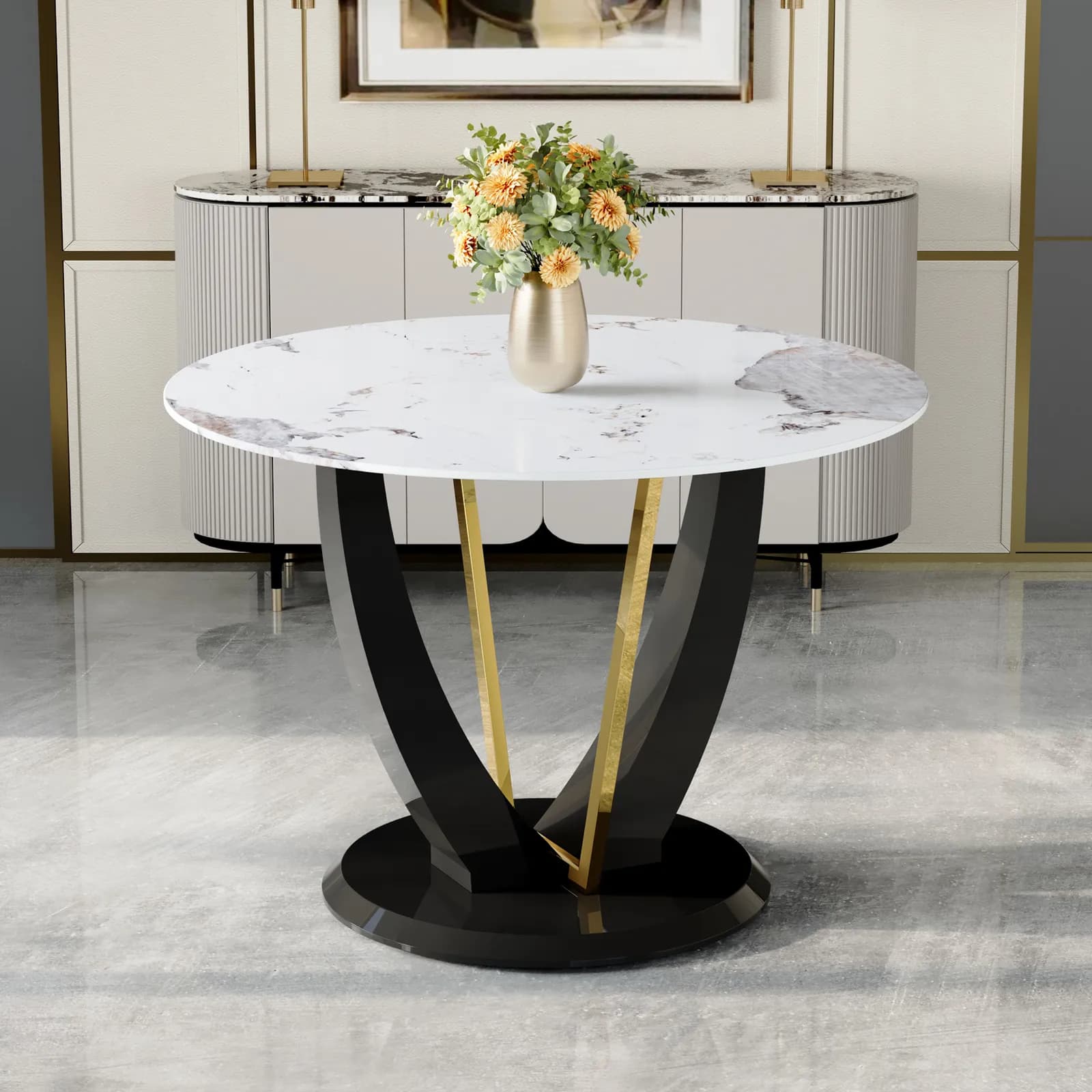 42 Inch Diameter Round Tempered Glass Dining Table - Modern Design, V-Shaped MDF Legs,…