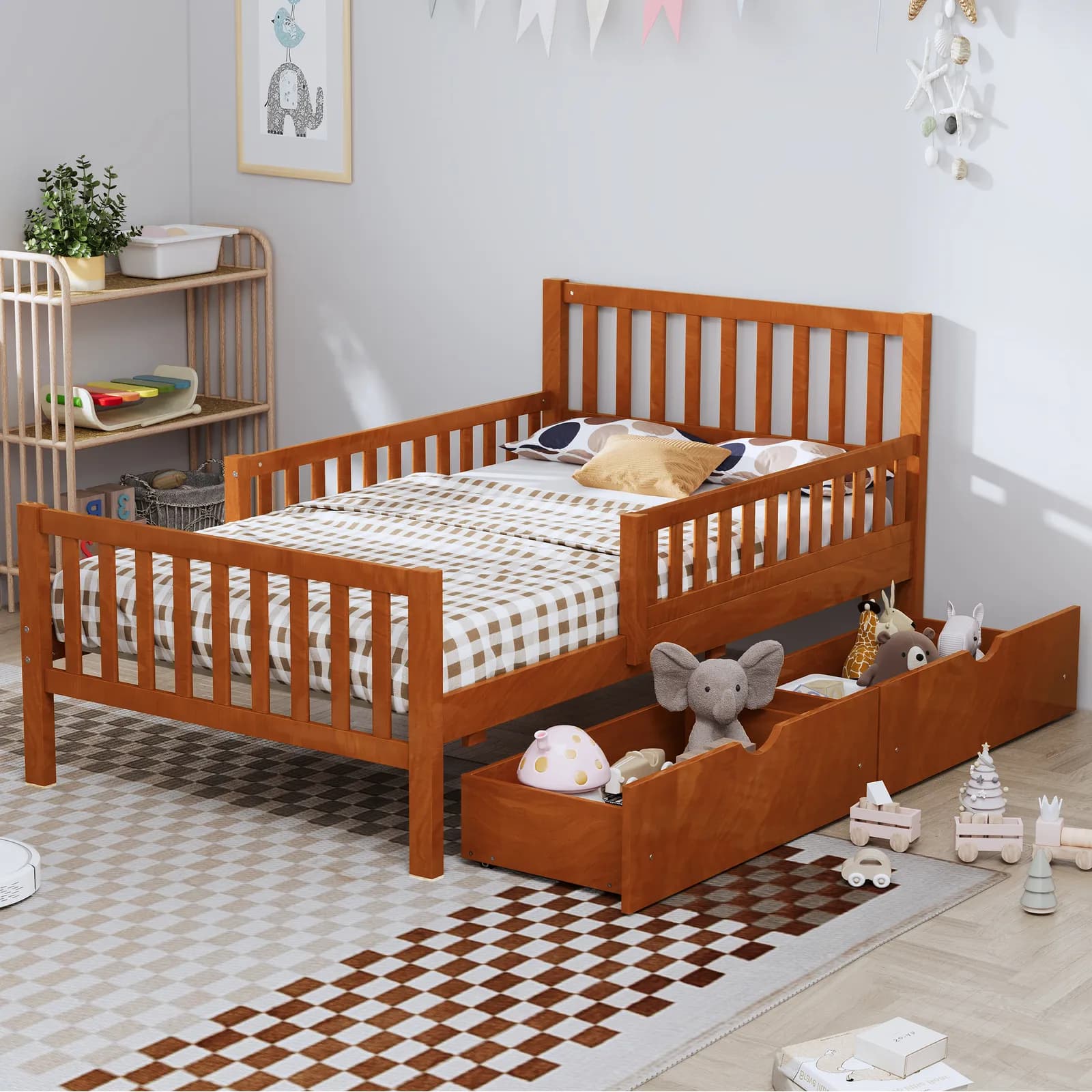 Twin Size Wood Platform Bed with Guardrails on Both Sides and Two Storage Drawers, Walnut